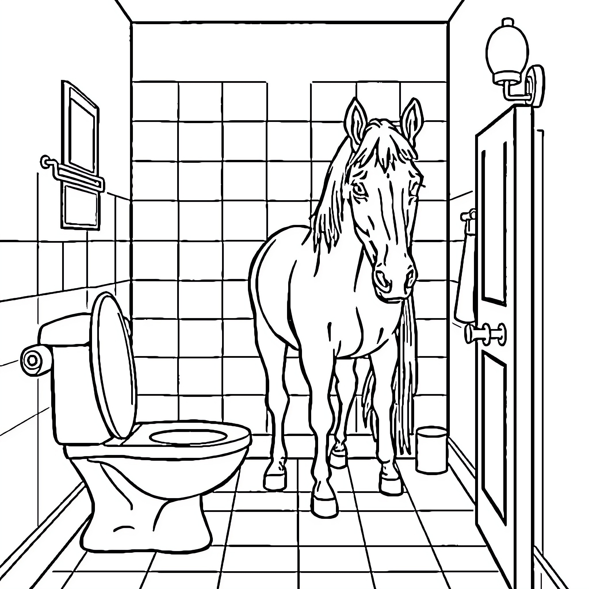 Horse in Bathroom Coloring Page (free black-and-white line drawing printable PDF for all, from beginners to advanced learners, including children, teens, adults, and seniors)