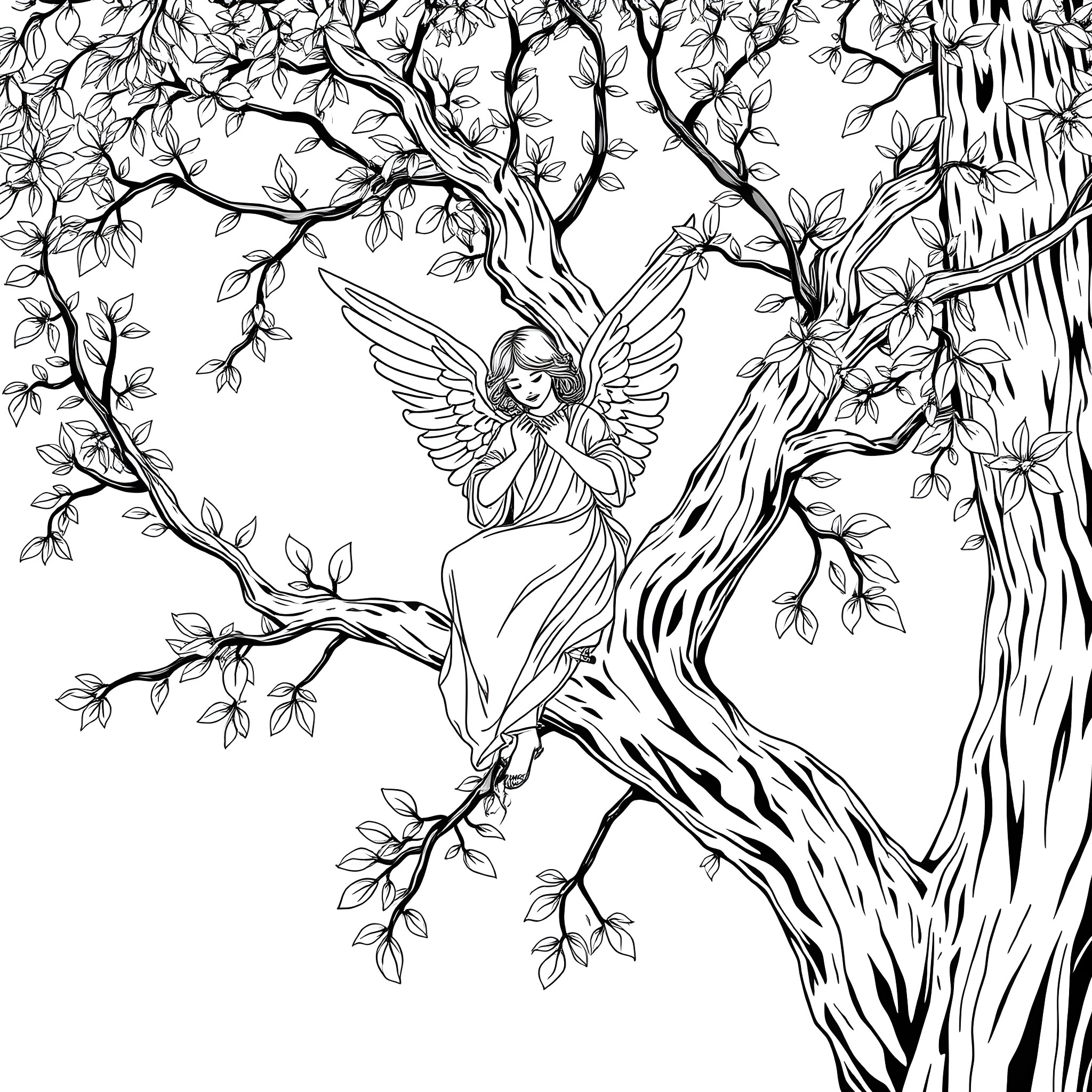 Angel Resting Peacefully Amidst Blooming Trees Coloring Page (free black-and-white line drawing printable PDF for all, from beginners to advanced learners, including children, teens, adults, and seniors)