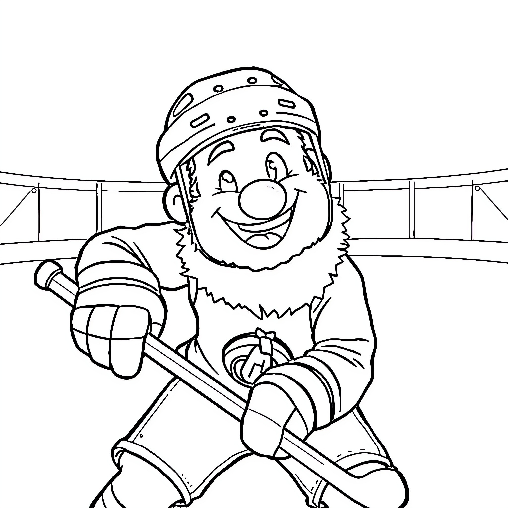 Bluey playing hockey happily on the ice rink Coloring Page (free black-and-white line drawing printable PDF for all, from beginners to advanced learners, including children, teens, adults, and seniors)