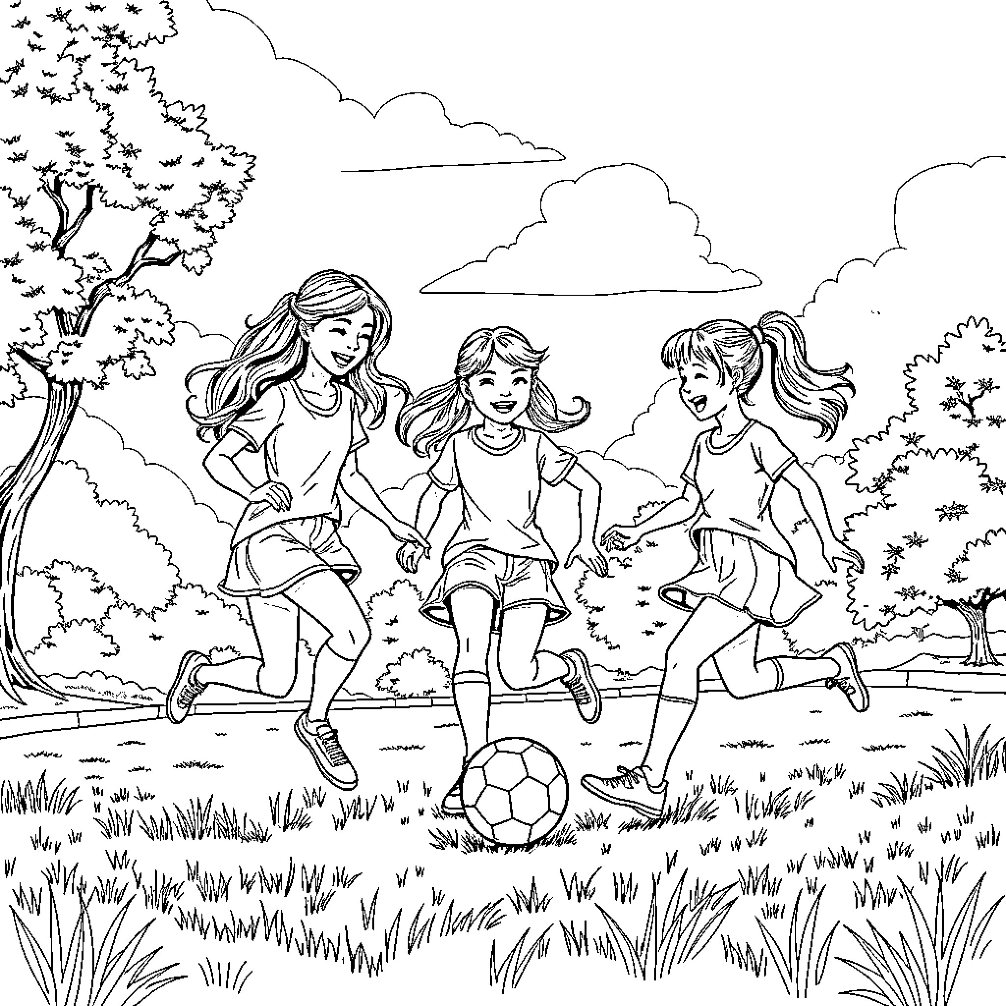 Girls playing joyfully with soccer ball in the park Coloring Page (free black-and-white line drawing printable PDF for all, from beginners to advanced learners, including children, teens, adults, and seniors)