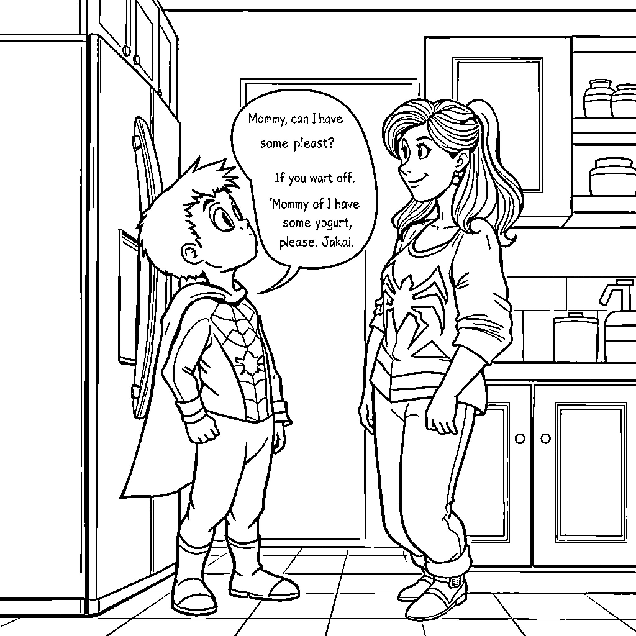 Mom helps her child with a request Coloring Page (free black-and-white line drawing printable PDF for all, from beginners to advanced learners, including children, teens, adults, and seniors)