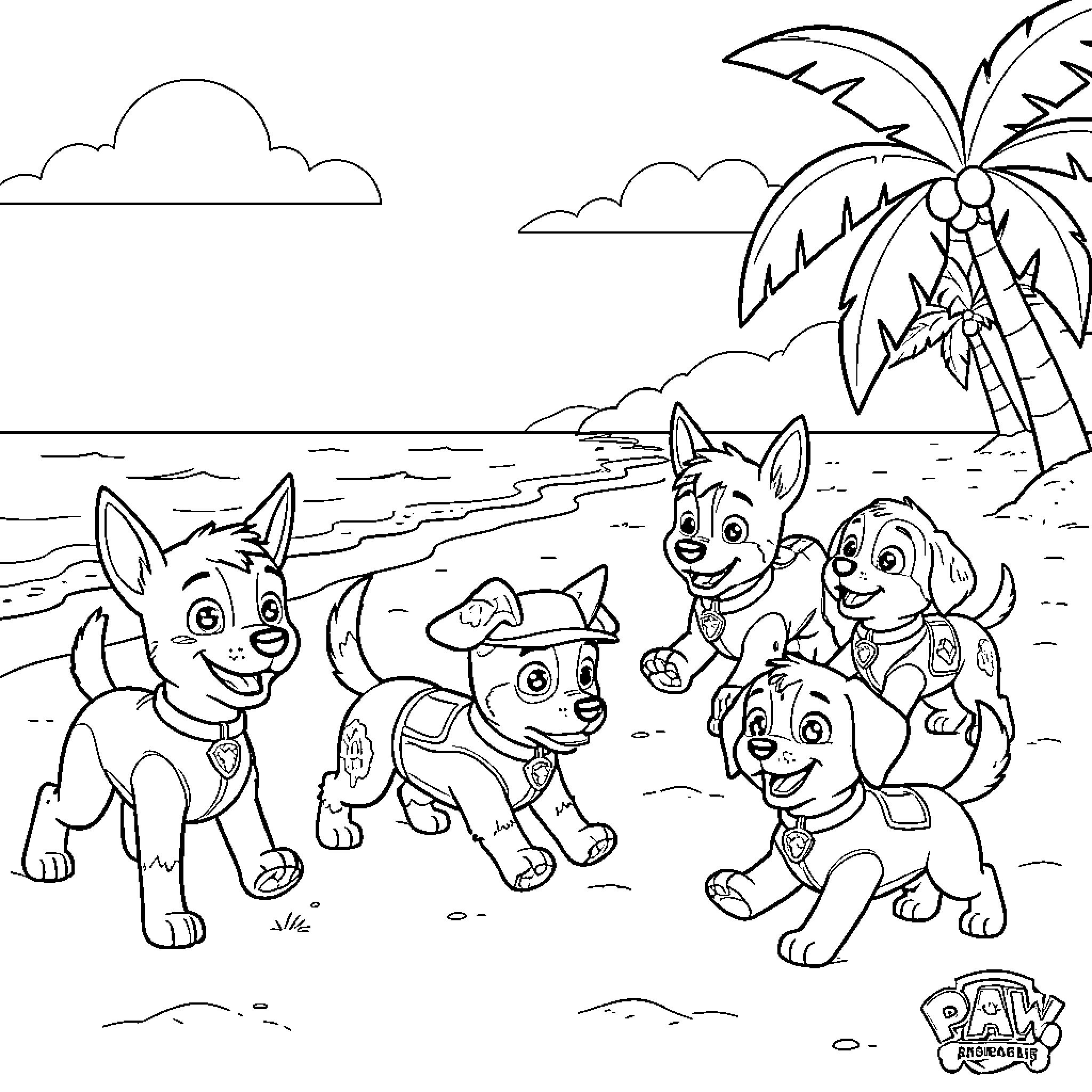 Paw Patrol pups playing together on the beach Coloring Page (free black-and-white line drawing printable PDF for all, from beginners to advanced learners, including children, teens, adults, and seniors)
