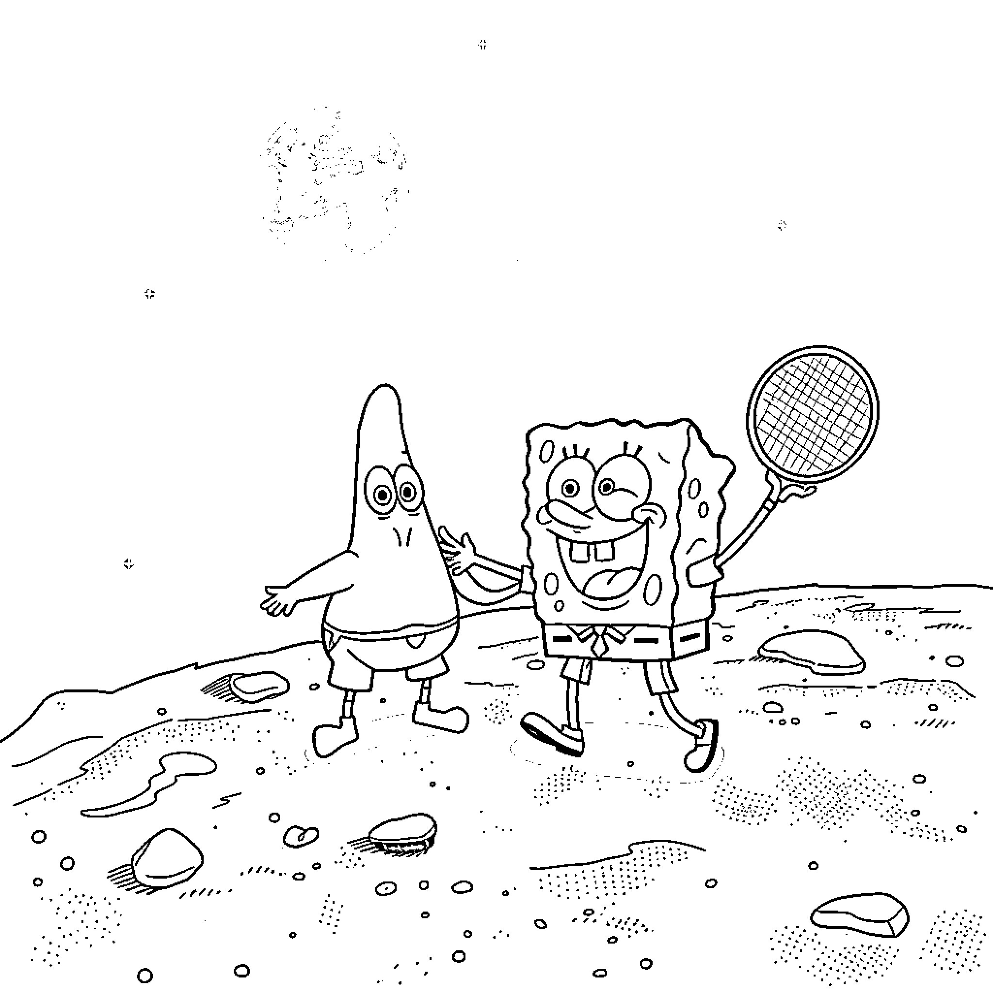 Spongebob and Patrick playing badminton on the beach Coloring Page (free black-and-white line drawing printable PDF for all, from beginners to advanced learners, including children, teens, adults, and seniors)