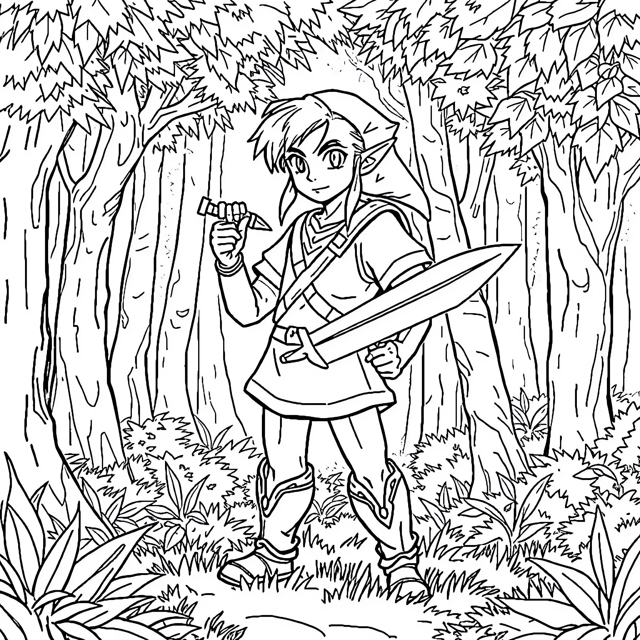Link Exploring the Mysterious Forest Coloring Page (free black-and-white line drawing printable PDF for all, from beginners to advanced learners, including children, teens, adults, and seniors)