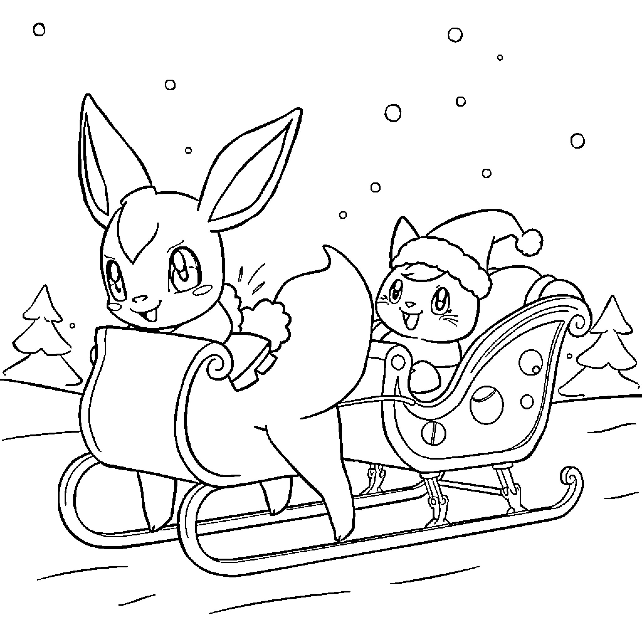 Sylveon enjoying a sleigh ride with Togepi Coloring Page (free black-and-white line drawing printable PDF for all, from beginners to advanced learners, including children, teens, adults, and seniors)