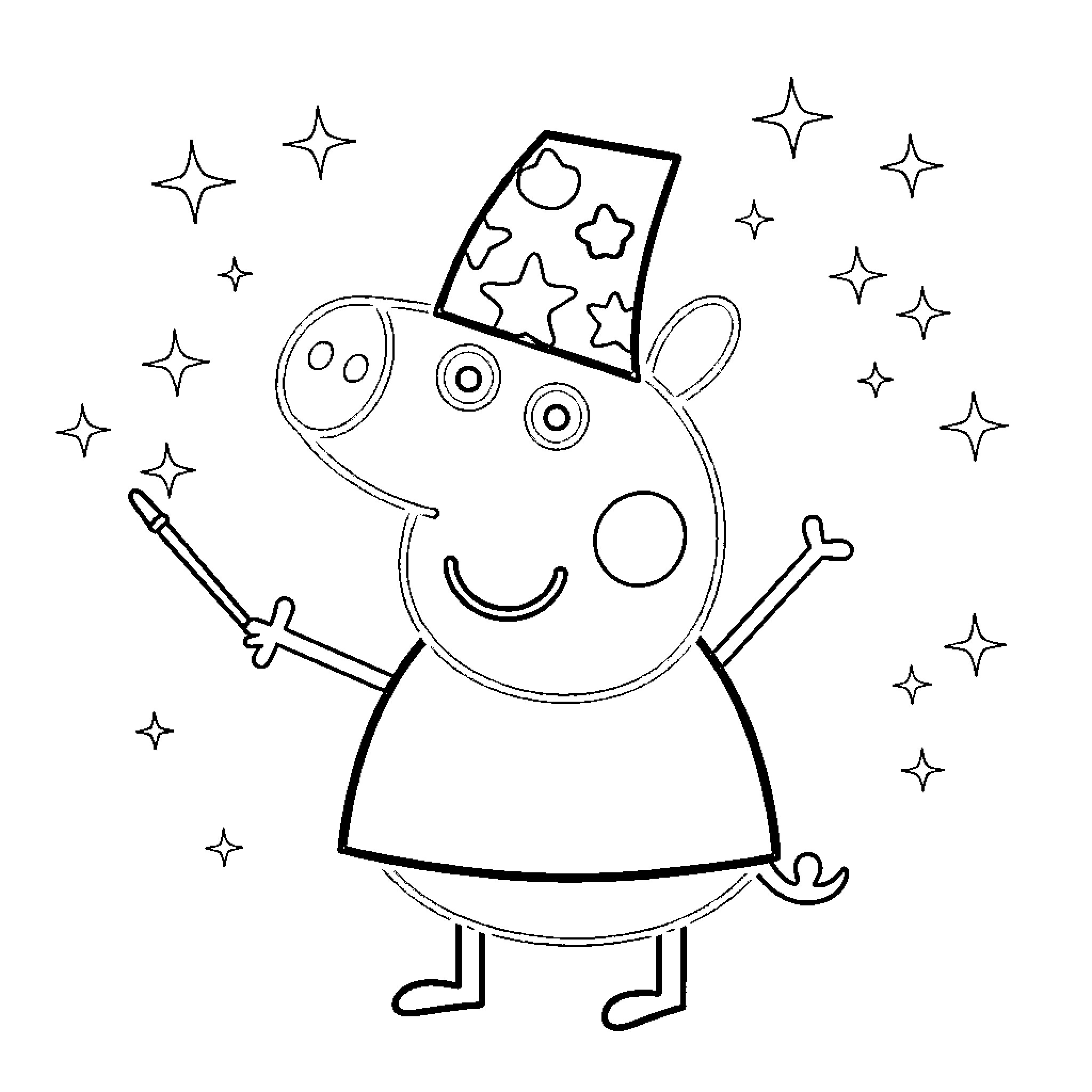 Peppa Pig with magic wand and stars Coloring Page (free black-and-white line drawing printable PDF for all, from beginners to advanced learners, including children, teens, adults, and seniors)