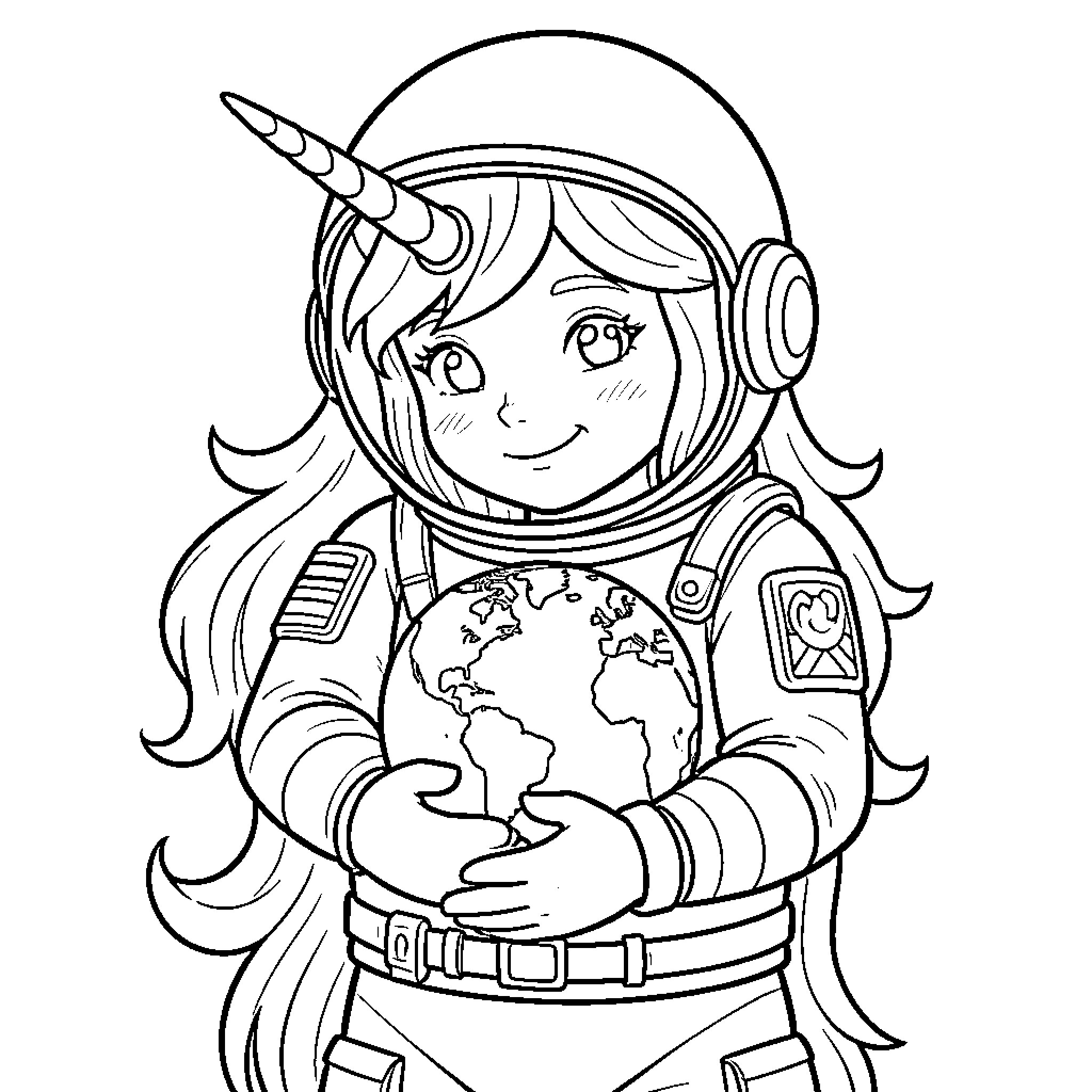 Astronaut Unicorn smiling while holding the planet Earth Coloring Page (free black-and-white line drawing printable PDF for all, from beginners to advanced learners, including children, teens, adults, and seniors)