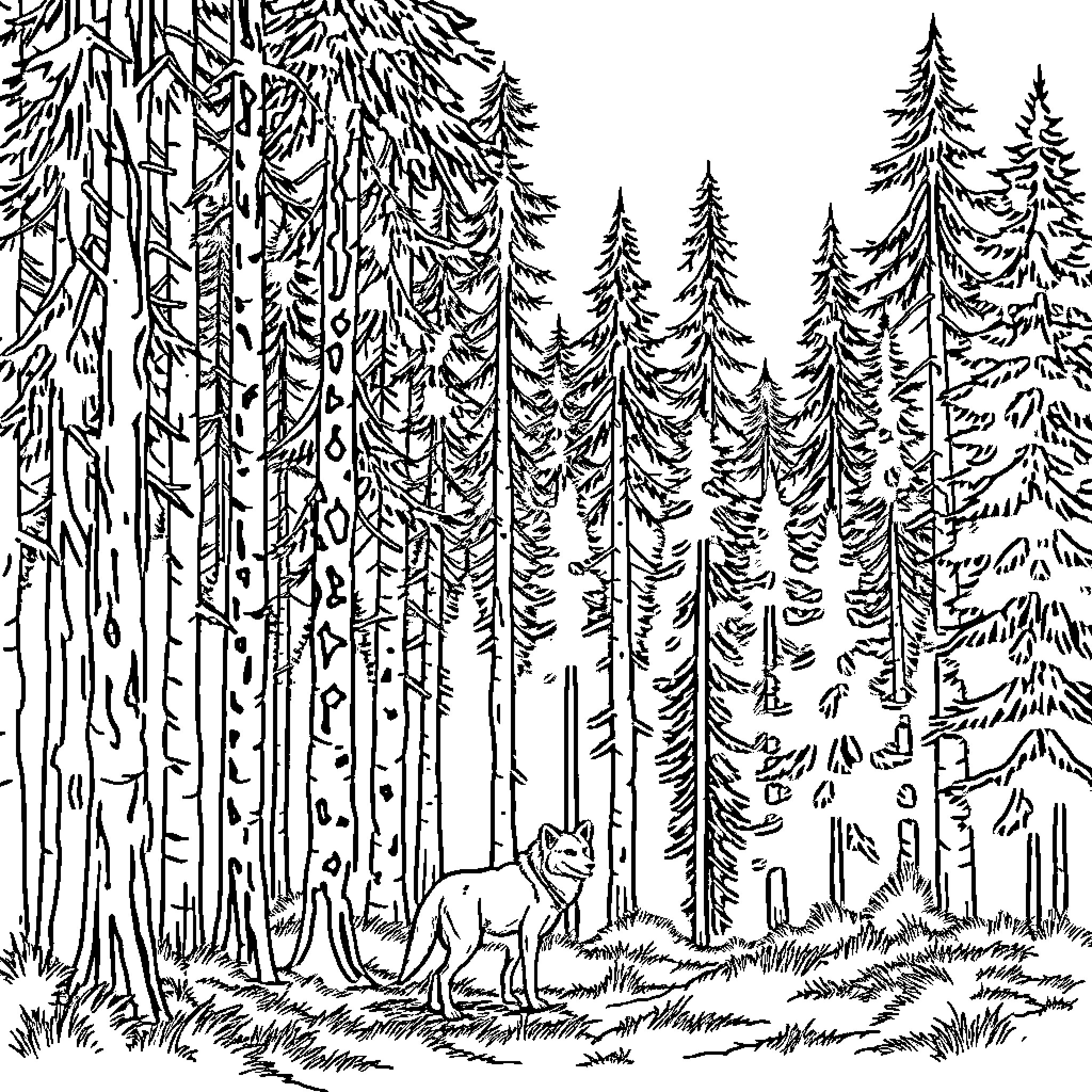 Wolf exploring the dense forest Coloring Page (free black-and-white line drawing printable PDF for all, from beginners to advanced learners, including children, teens, adults, and seniors)