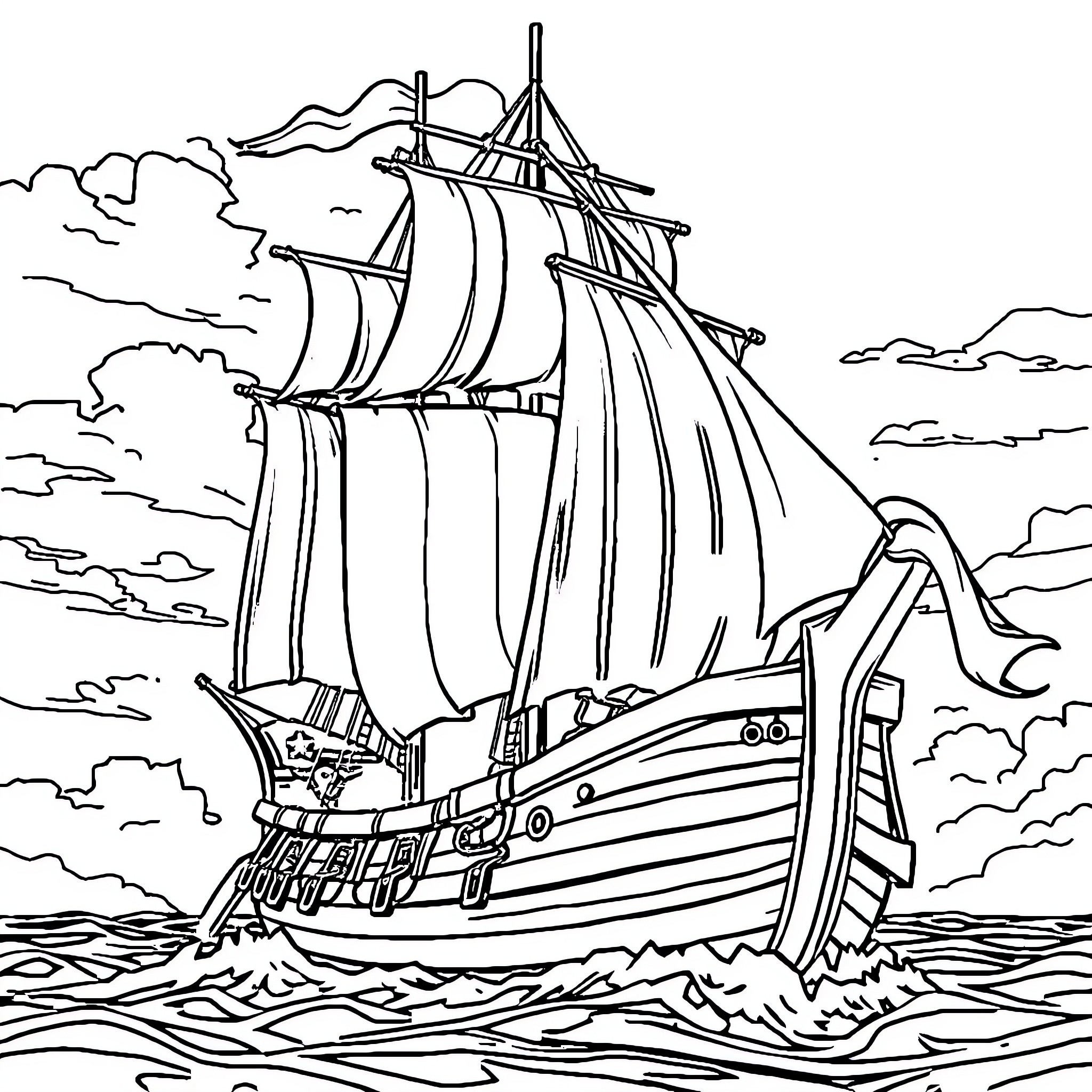 Pirate Boat Sailing the Stormy Seas Coloring Page (free black-and-white line drawing printable PDF for all, from beginners to advanced learners, including children, teens, adults, and seniors)