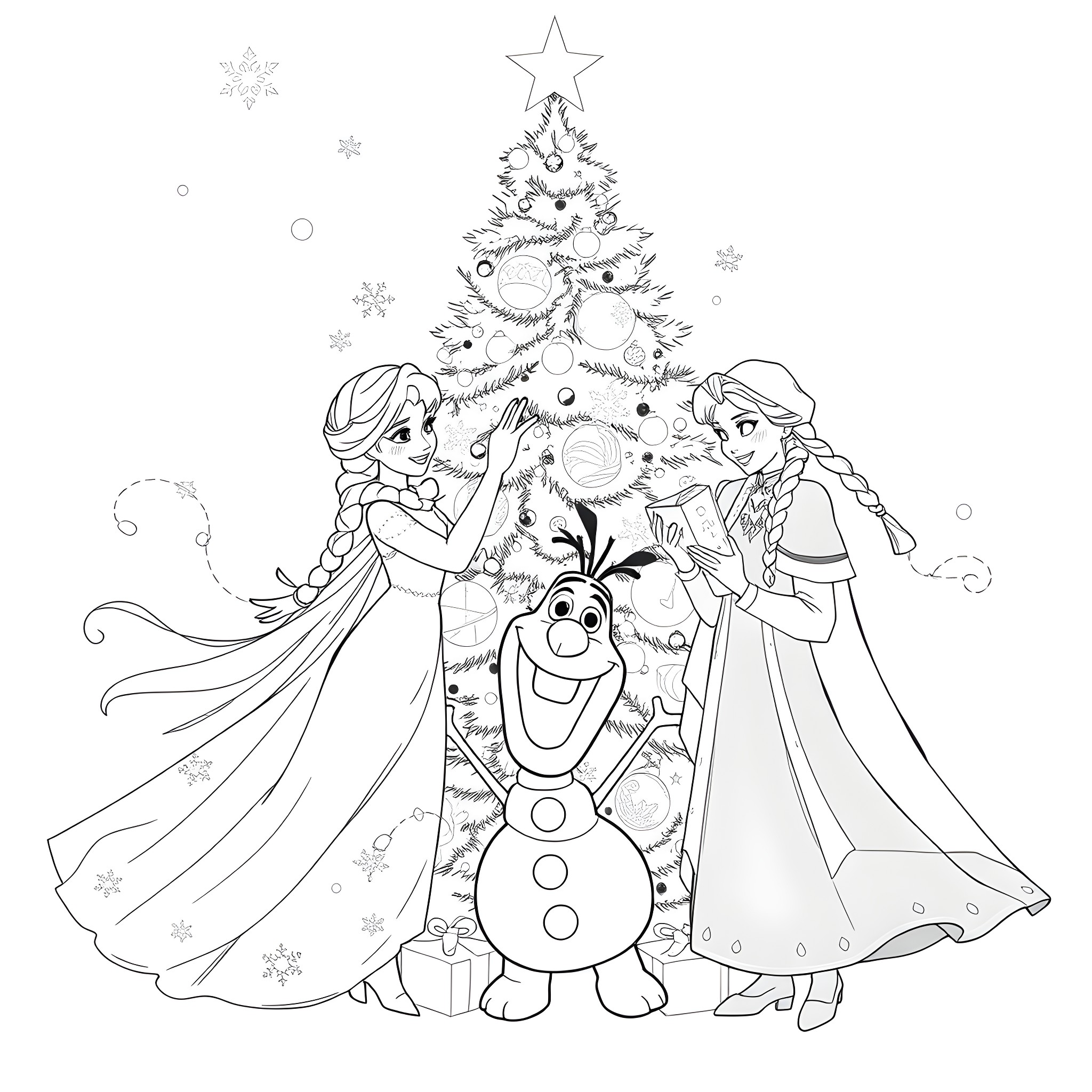 Frozen Characters Decorating Christmas Tree Coloring Page (free black-and-white line drawing printable PDF for all, from beginners to advanced learners, including children, teens, adults, and seniors)
