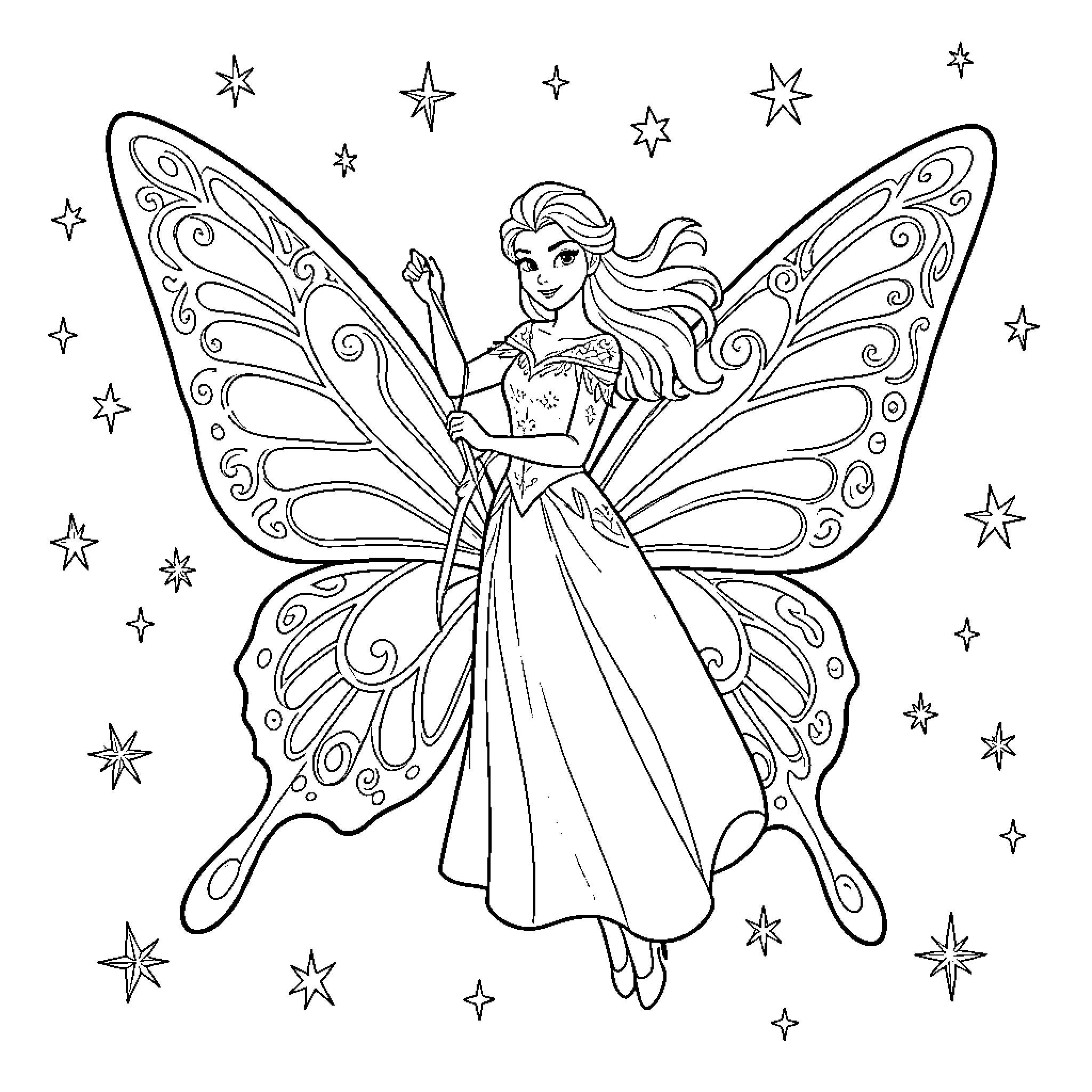Elsa dressed as a fairy with large butterfly wings Coloring Page (free black-and-white line drawing printable PDF for all, from beginners to advanced learners, including children, teens, adults, and seniors)