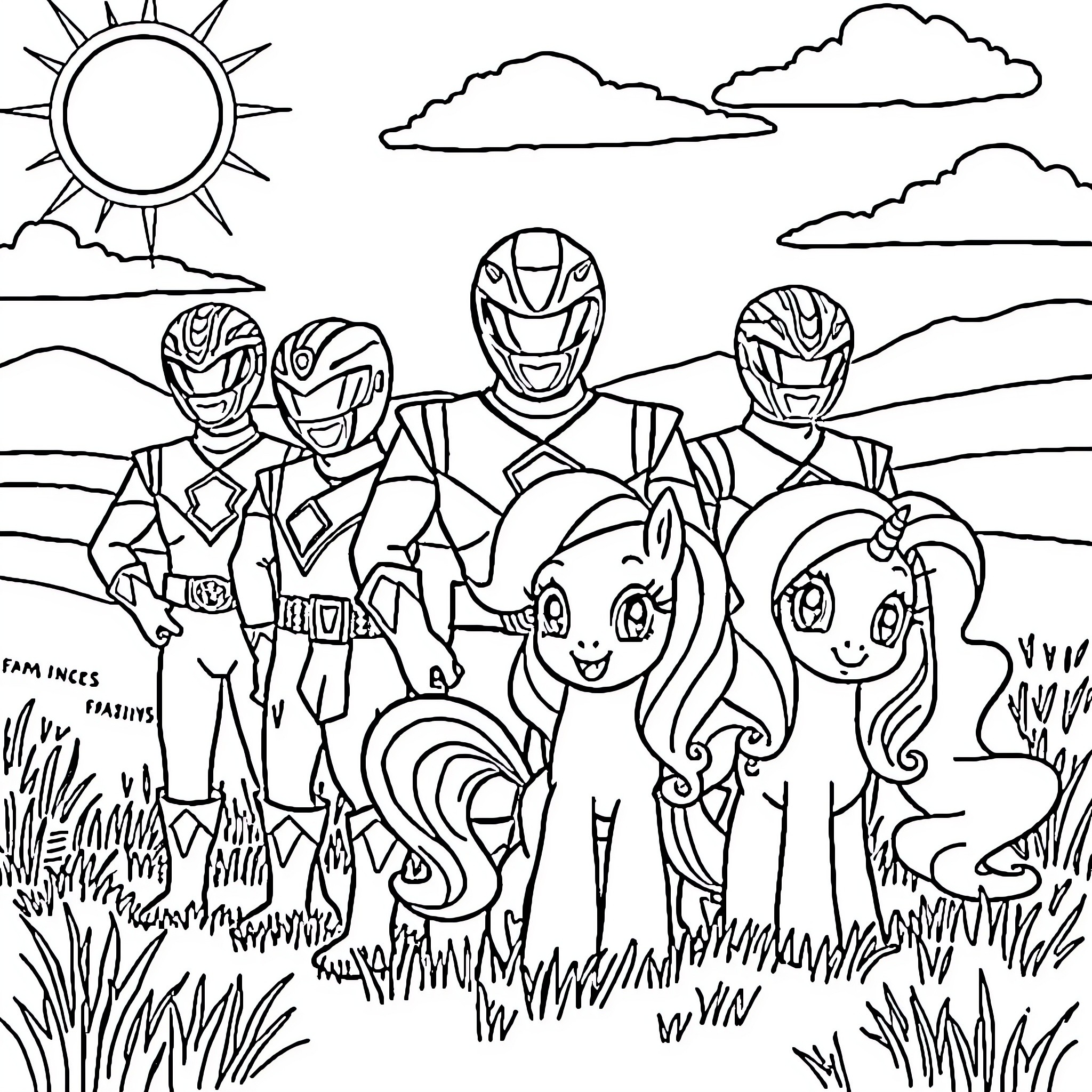Power Rangers in action-packed outdoor scene Coloring Page (free black-and-white line drawing printable PDF for all, from beginners to advanced learners, including children, teens, adults, and seniors)