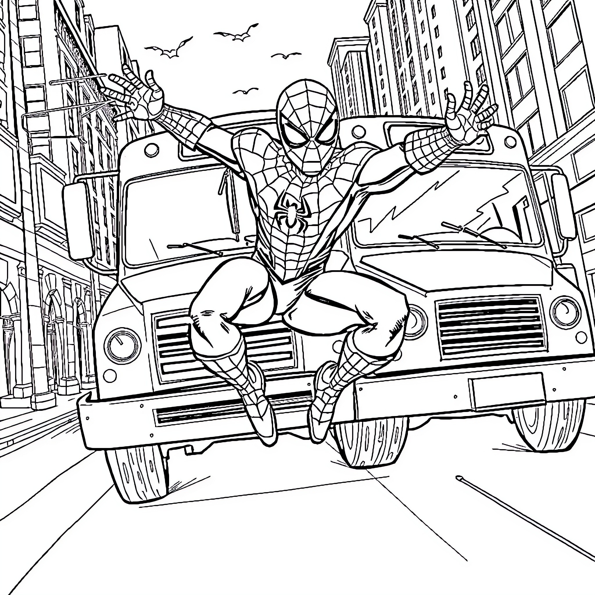 Spiderman swinging through the city on a firetruck Coloring Page (free black-and-white line drawing printable PDF for all, from beginners to advanced learners, including children, teens, adults, and seniors)