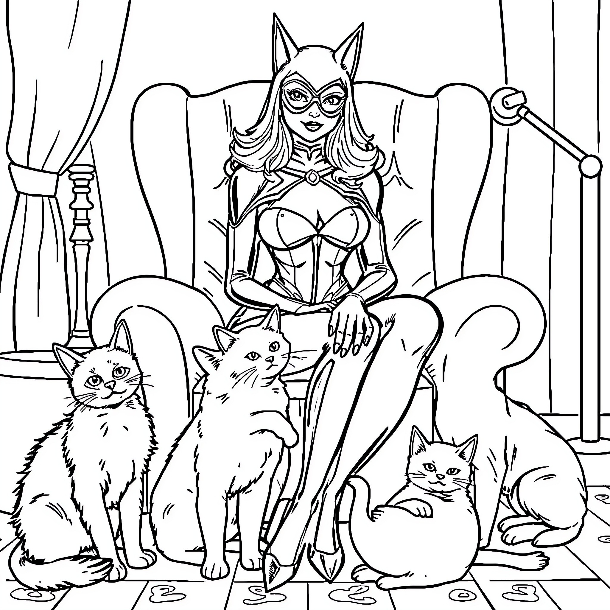 Catwoman and her feline companions in action Coloring Page (free black-and-white line drawing printable PDF for all, from beginners to advanced learners, including children, teens, adults, and seniors)