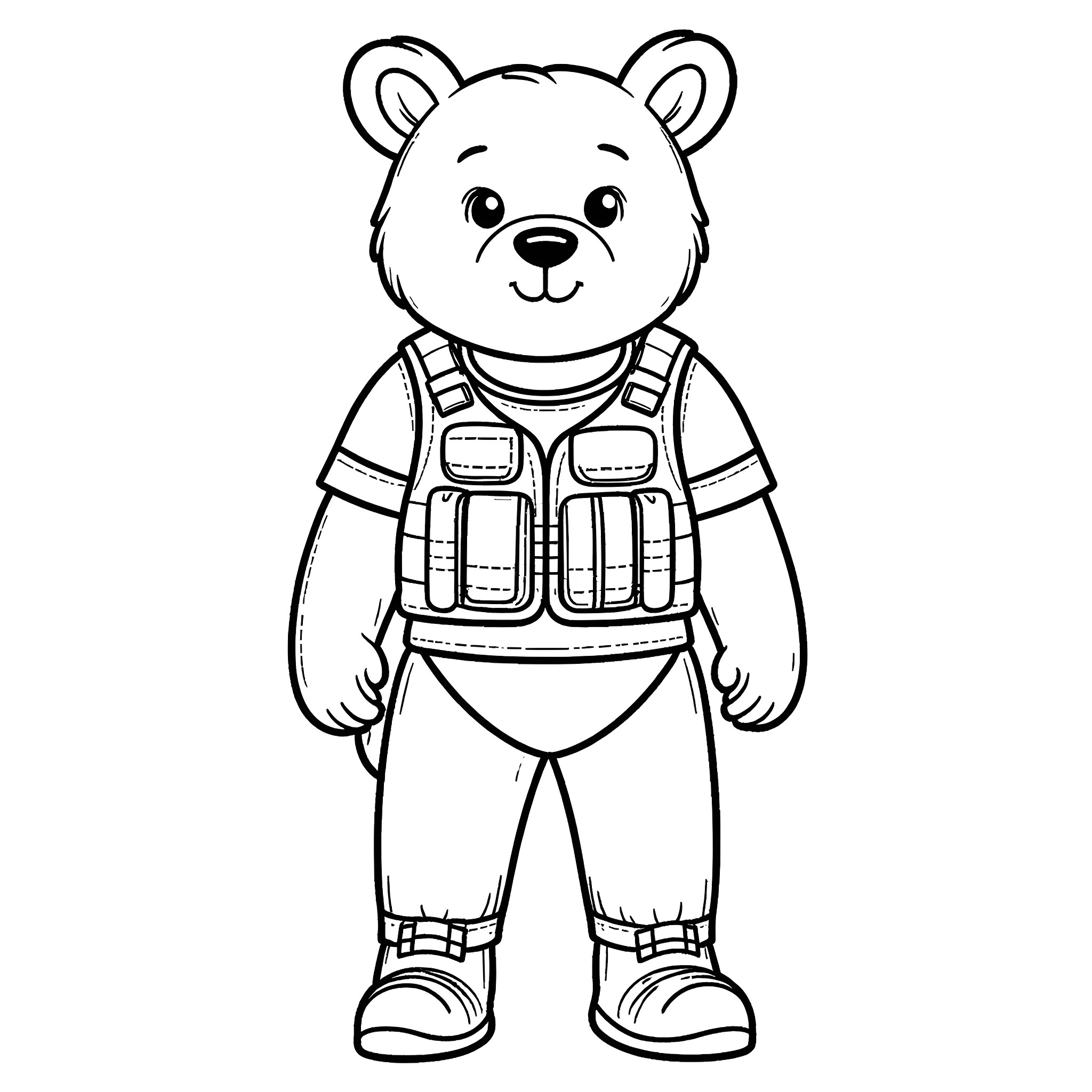 Bear in tactical gear standing firmly Coloring Page (free black-and-white line drawing printable PDF for all, from beginners to advanced learners, including children, teens, adults, and seniors)