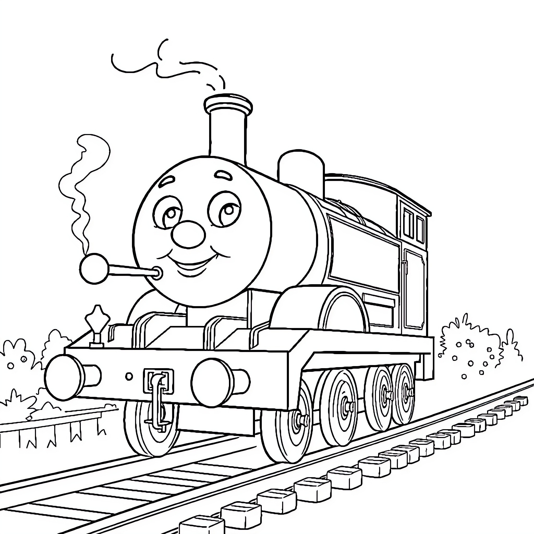 Thomas the Train Happily Chugging Along the Tracks Coloring Page (free black-and-white line drawing printable PDF for all, from beginners to advanced learners, including children, teens, adults, and seniors)
