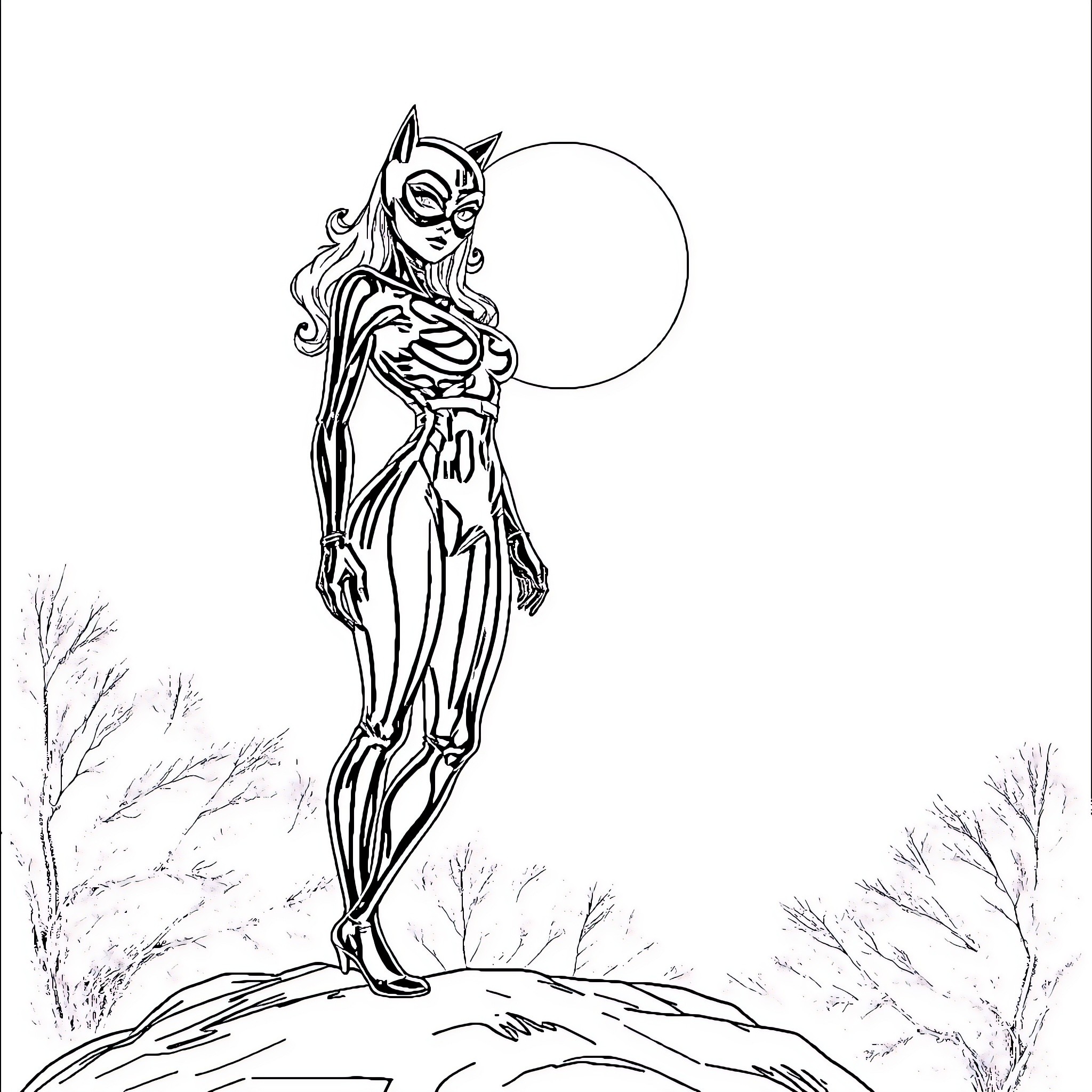 Cat Woman in Heroic Pose against Moonlit Landscape Coloring Page (free black-and-white line drawing printable PDF for all, from beginners to advanced learners, including children, teens, adults, and seniors)