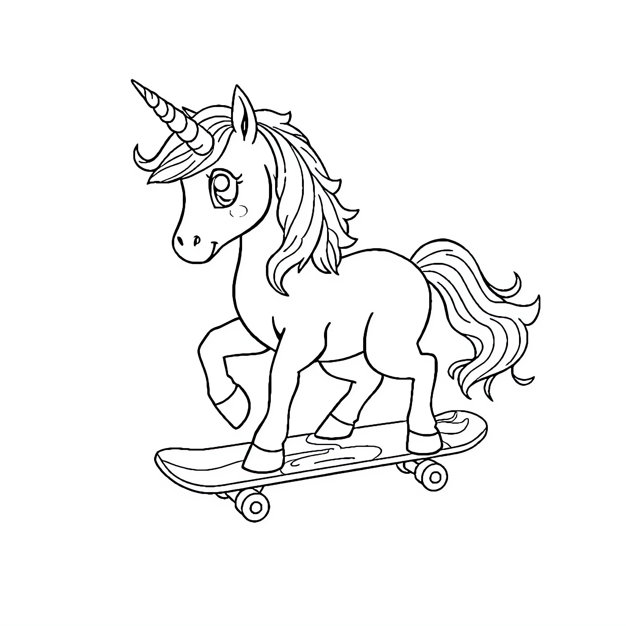 Unicorn riding a skateboard with style Coloring Page (free black-and-white line drawing printable PDF for all, from beginners to advanced learners, including children, teens, adults, and seniors)