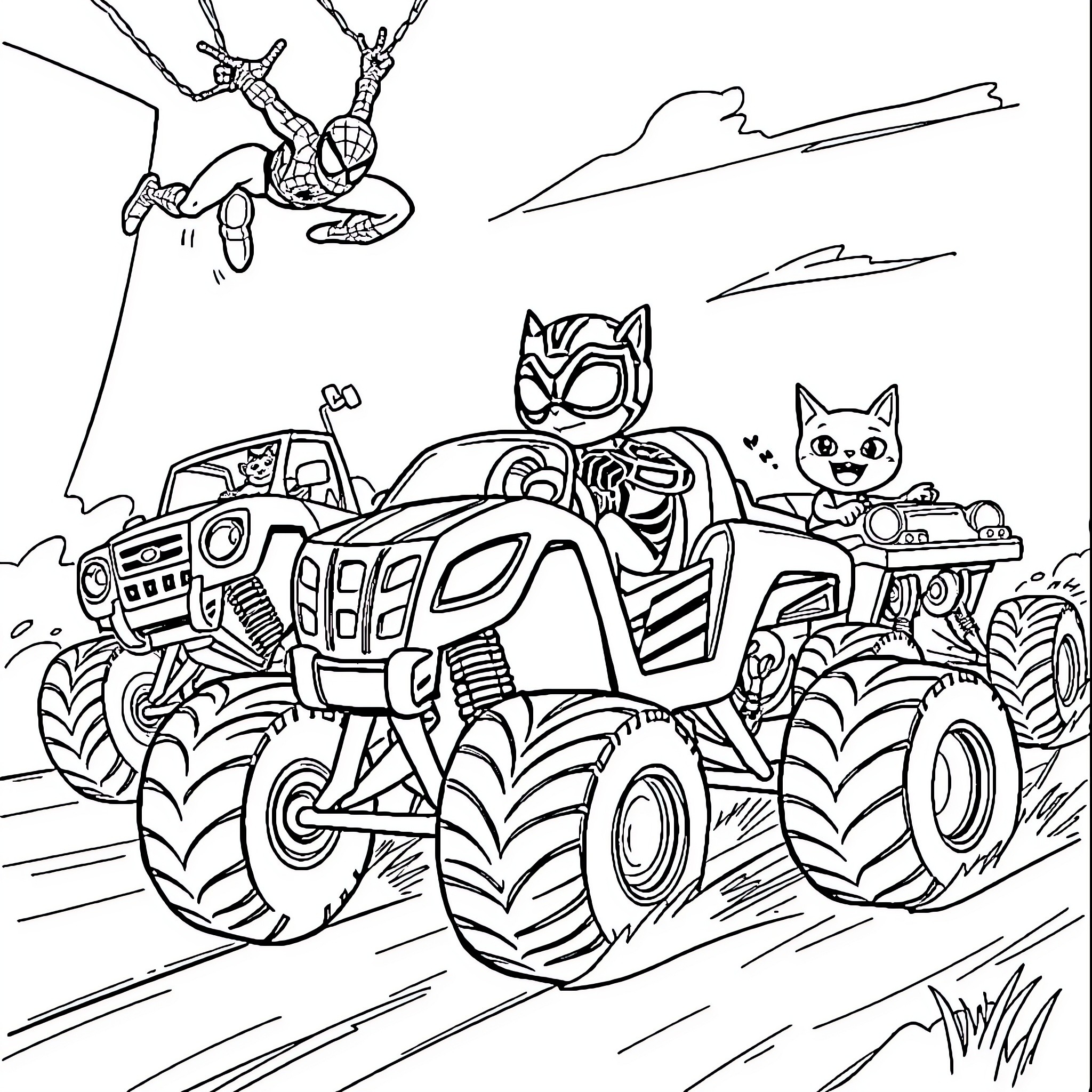 Monster Truck Crushing Cars with Superheroes and Pets Coloring Page (free black-and-white line drawing printable PDF for all, from beginners to advanced learners, including children, teens, adults, and seniors)