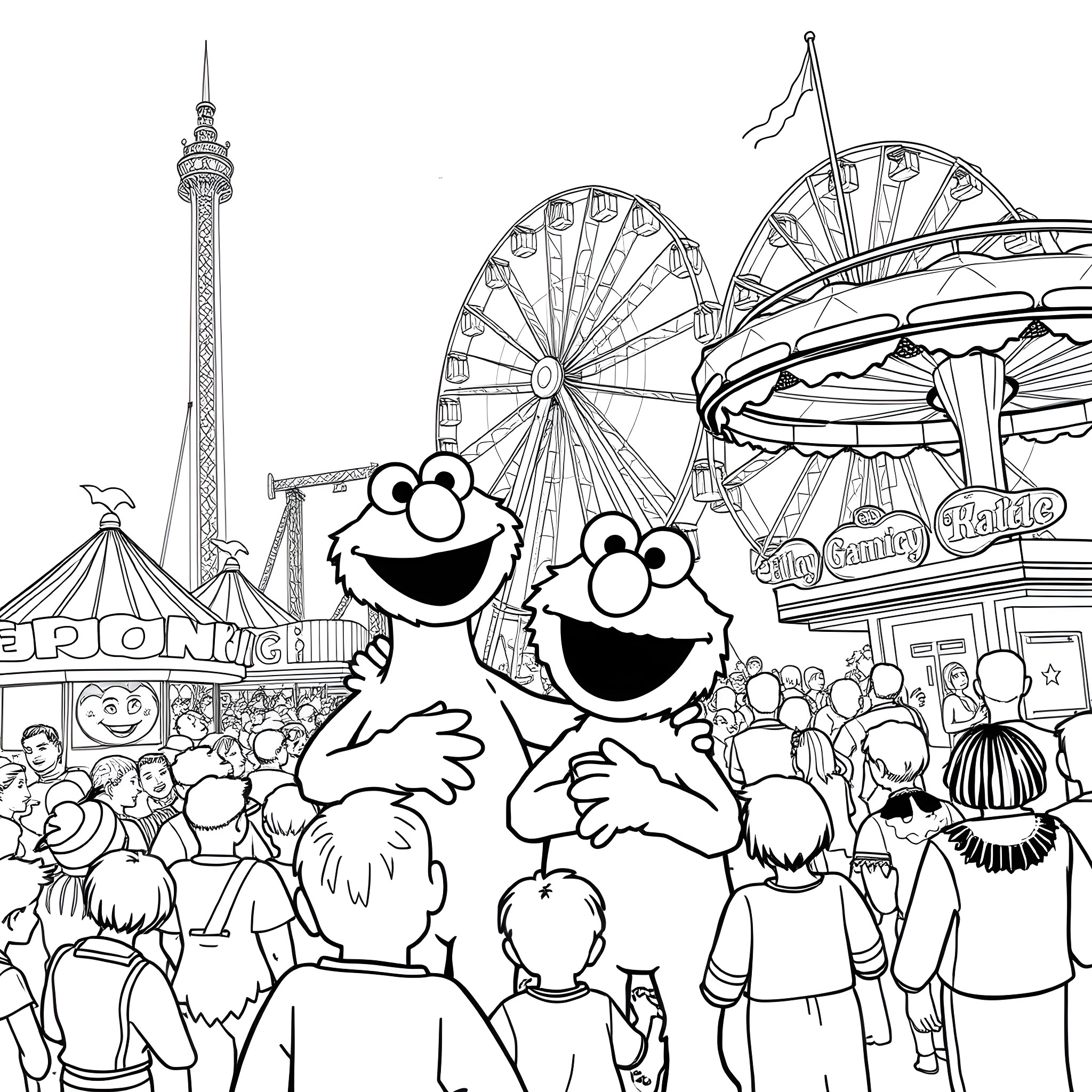 Elmo Explores the Lively Carnival with Crowds Coloring Page (free black-and-white line drawing printable PDF for all, from beginners to advanced learners, including children, teens, adults, and seniors)