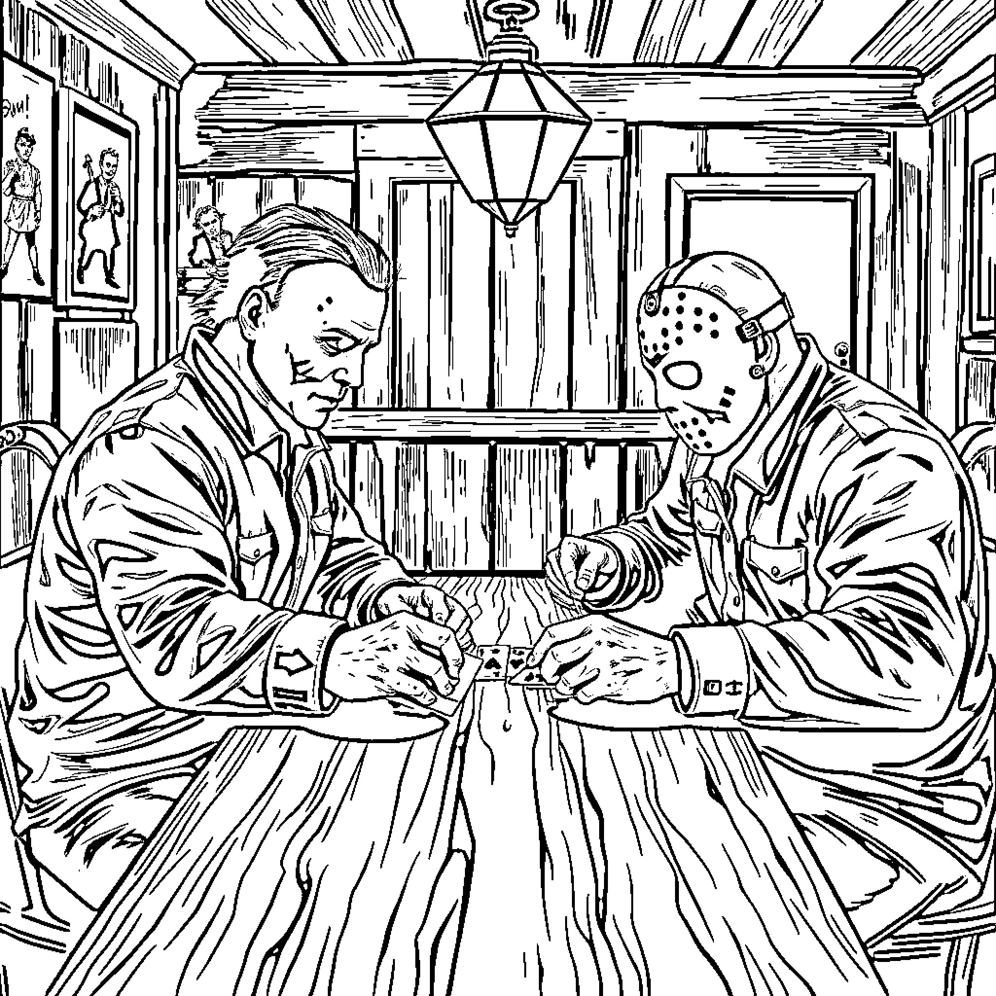 Michael Myers menacing opponents in a shadowy hideout Coloring Page (free black-and-white line drawing printable PDF for all, from beginners to advanced learners, including children, teens, adults, and seniors)