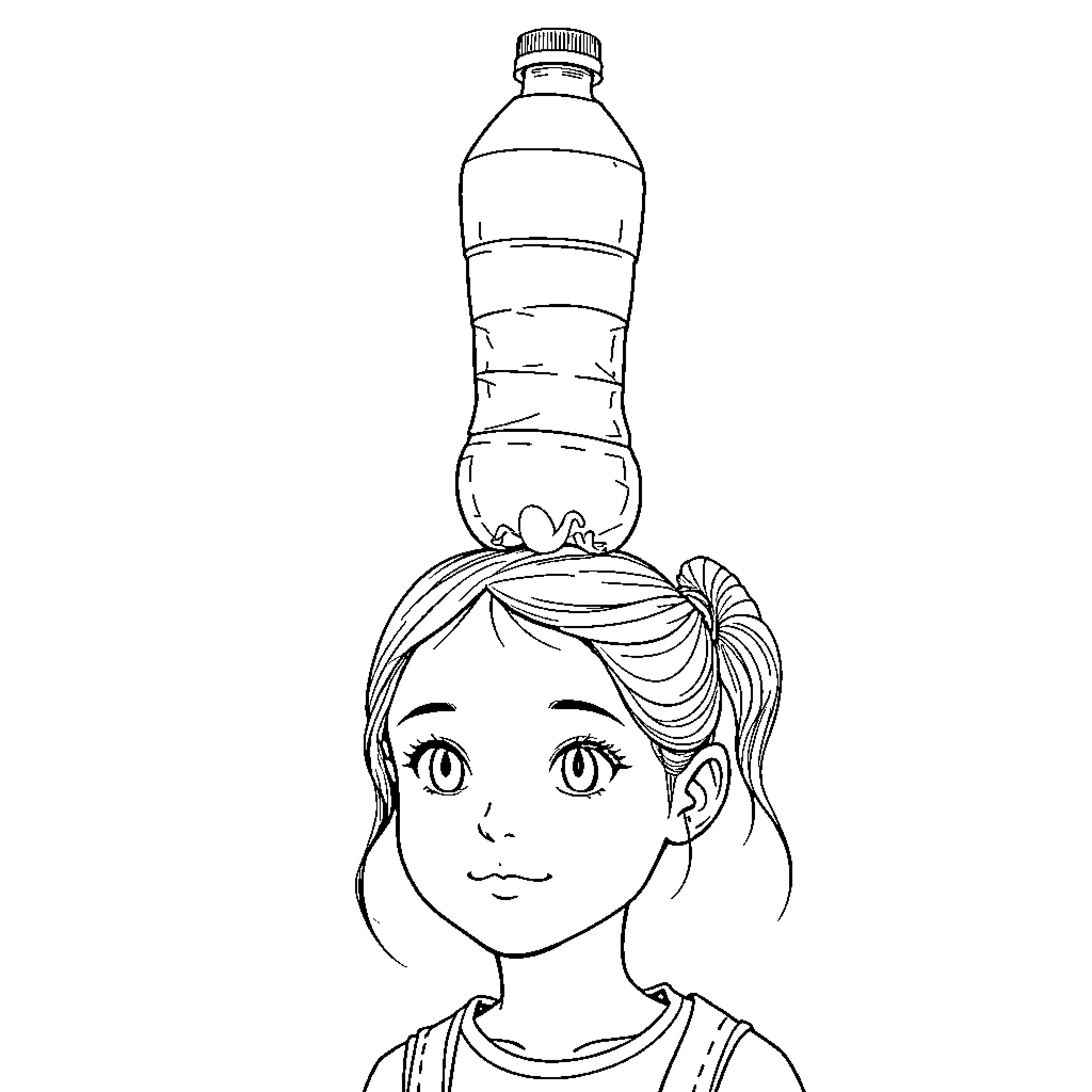 Waterbottle balanced on girl's head Coloring Page (free black-and-white line drawing printable PDF for all, from beginners to advanced learners, including children, teens, adults, and seniors)