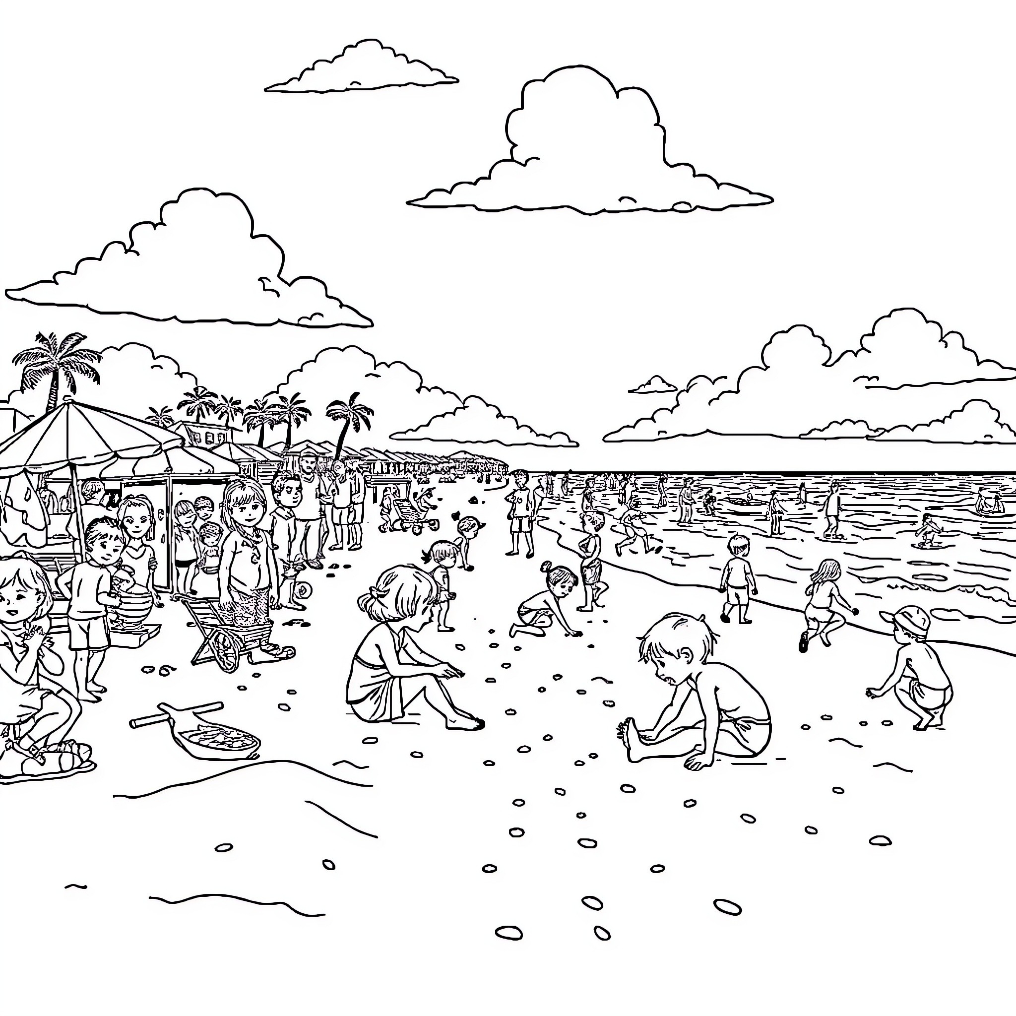 Kid playing and exploring the beach Coloring Page (free black-and-white line drawing printable PDF for all, from beginners to advanced learners, including children, teens, adults, and seniors)