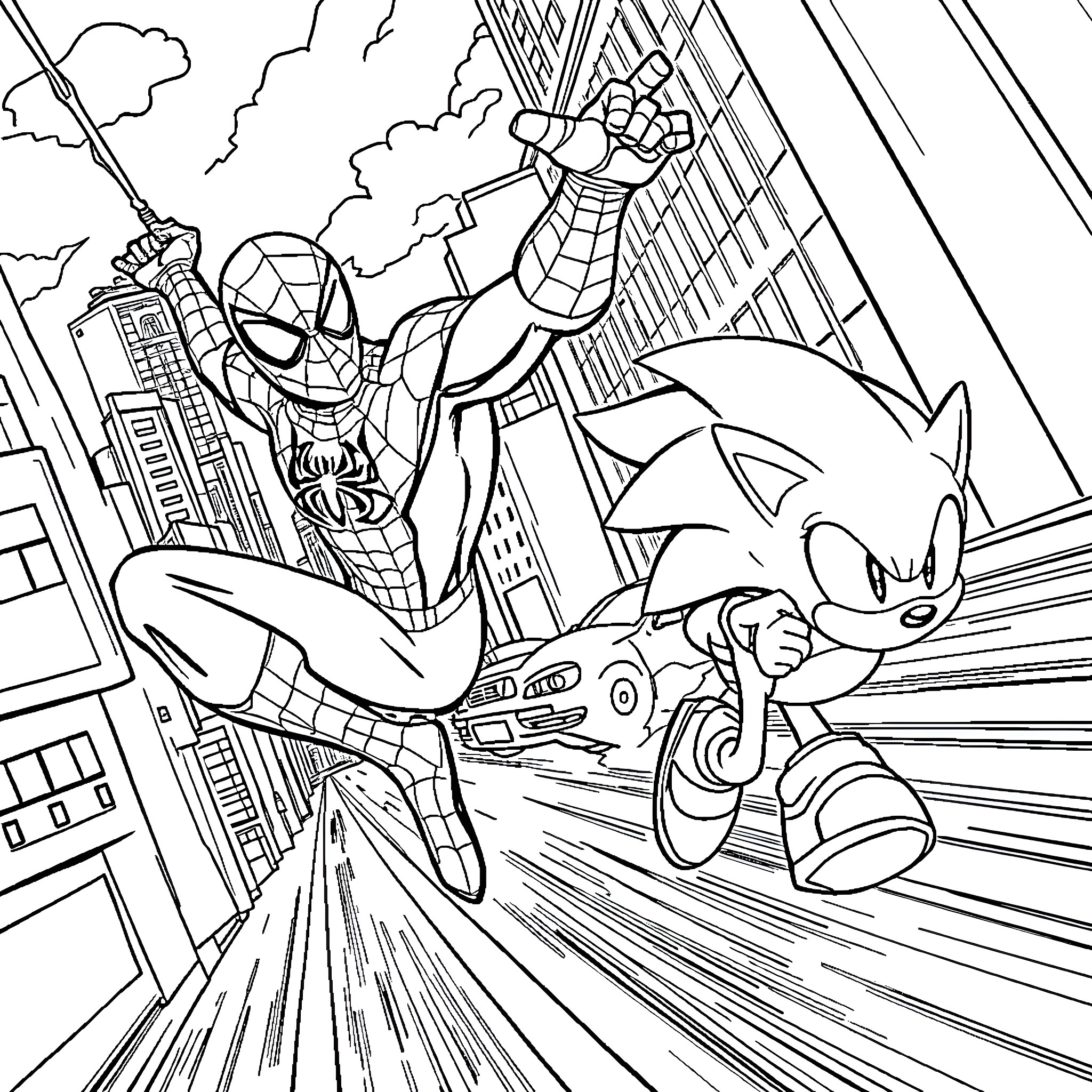 Spiderman and Sonic the Hedgehog racing through the city Coloring Page (free black-and-white line drawing printable PDF for all, from beginners to advanced learners, including children, teens, adults, and seniors)