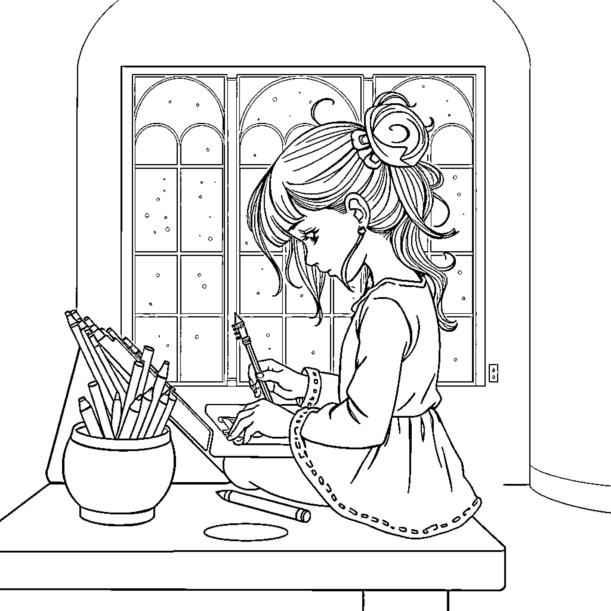 Fille working diligently at her desk Coloring Page (free black-and-white line drawing printable PDF for all, from beginners to advanced learners, including children, teens, adults, and seniors)