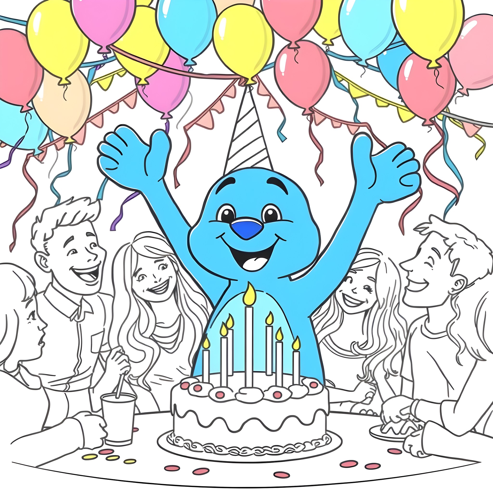 Bluey celebrating birthday party with friends Coloring Page (free black-and-white line drawing printable PDF for all, from beginners to advanced learners, including children, teens, adults, and seniors)
