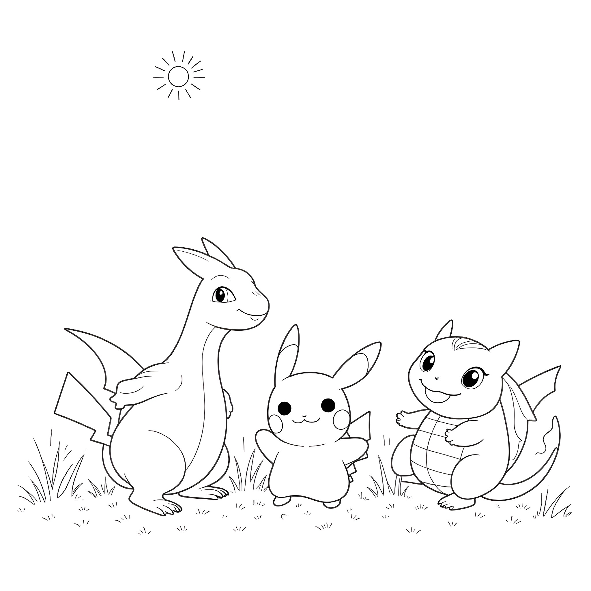 Pokémon characters playing in a sunny field Coloring Page (free black-and-white line drawing printable PDF for all, from beginners to advanced learners, including children, teens, adults, and seniors)
