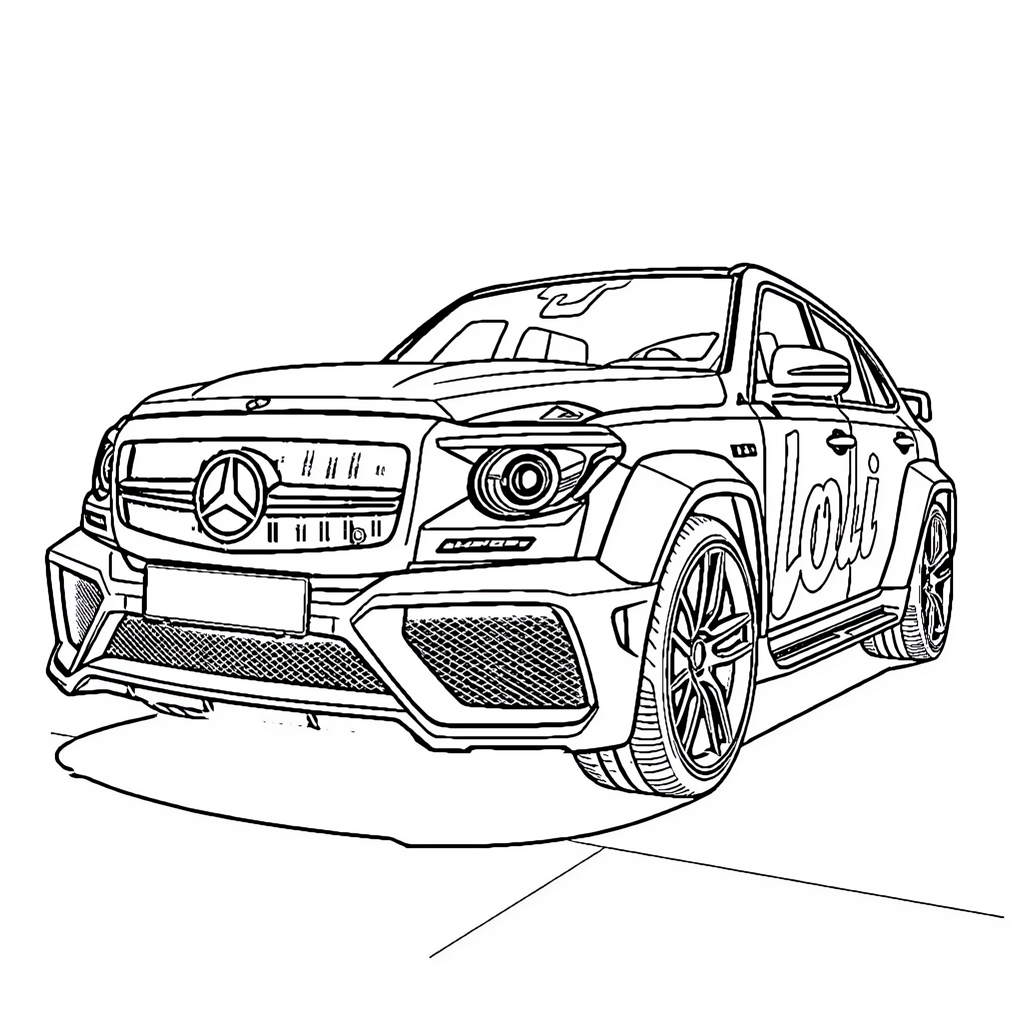 Mercedes SUV in Racing Stance Coloring Page (free black-and-white line drawing printable PDF for all, from beginners to advanced learners, including children, teens, adults, and seniors)
