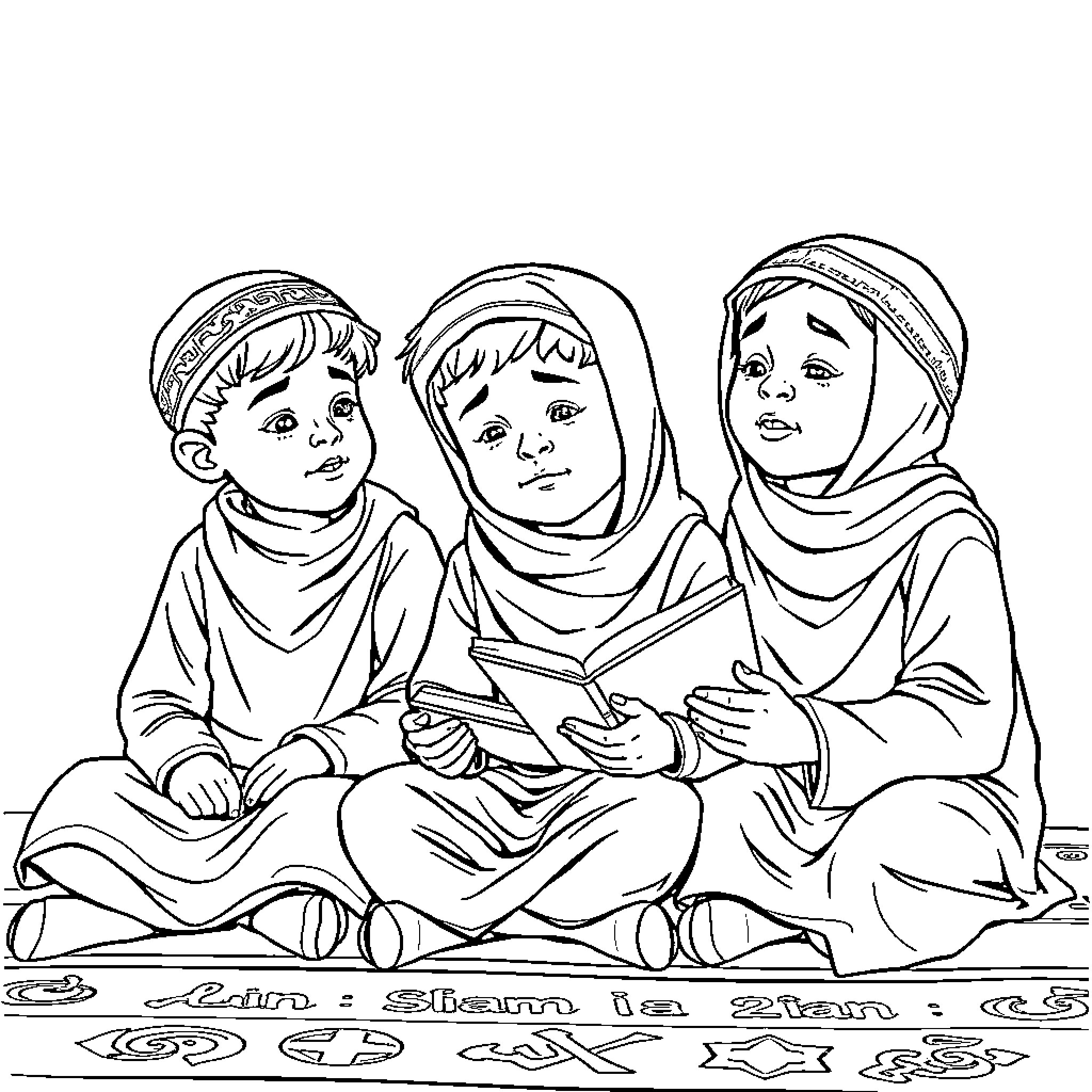 Children studying religious text together Coloring Page (free black-and-white line drawing printable PDF for all, from beginners to advanced learners, including children, teens, adults, and seniors)