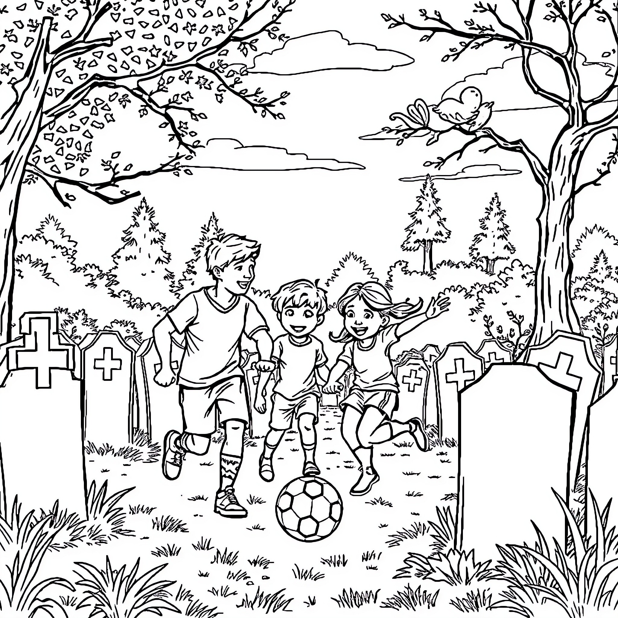 Family Playing Joyfully in the Enchanting Outdoors Coloring Page (free black-and-white line drawing printable PDF for all, from beginners to advanced learners, including children, teens, adults, and seniors)