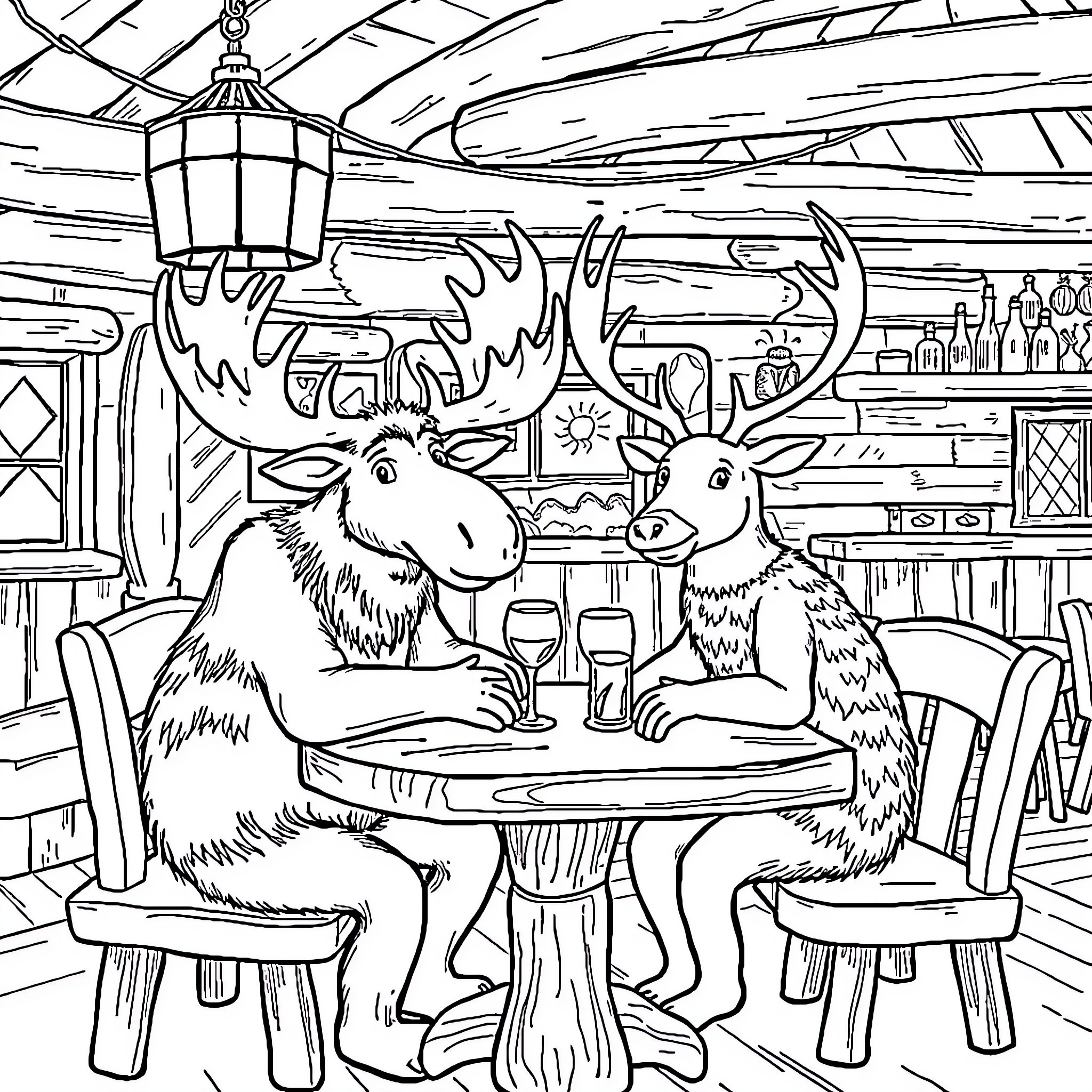 Moose enjoying drinks together in a cozy cabin Coloring Page (free black-and-white line drawing printable PDF for all, from beginners to advanced learners, including children, teens, adults, and seniors)