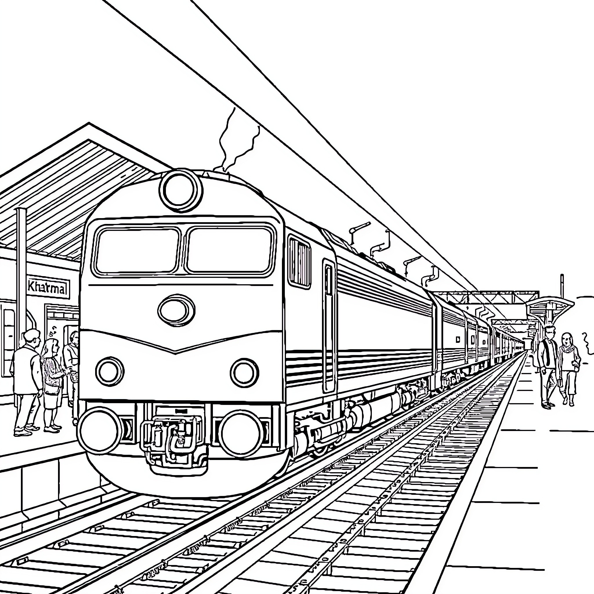 Train arriving at station with passengers Coloring Page (free black-and-white line drawing printable PDF for all, from beginners to advanced learners, including children, teens, adults, and seniors)