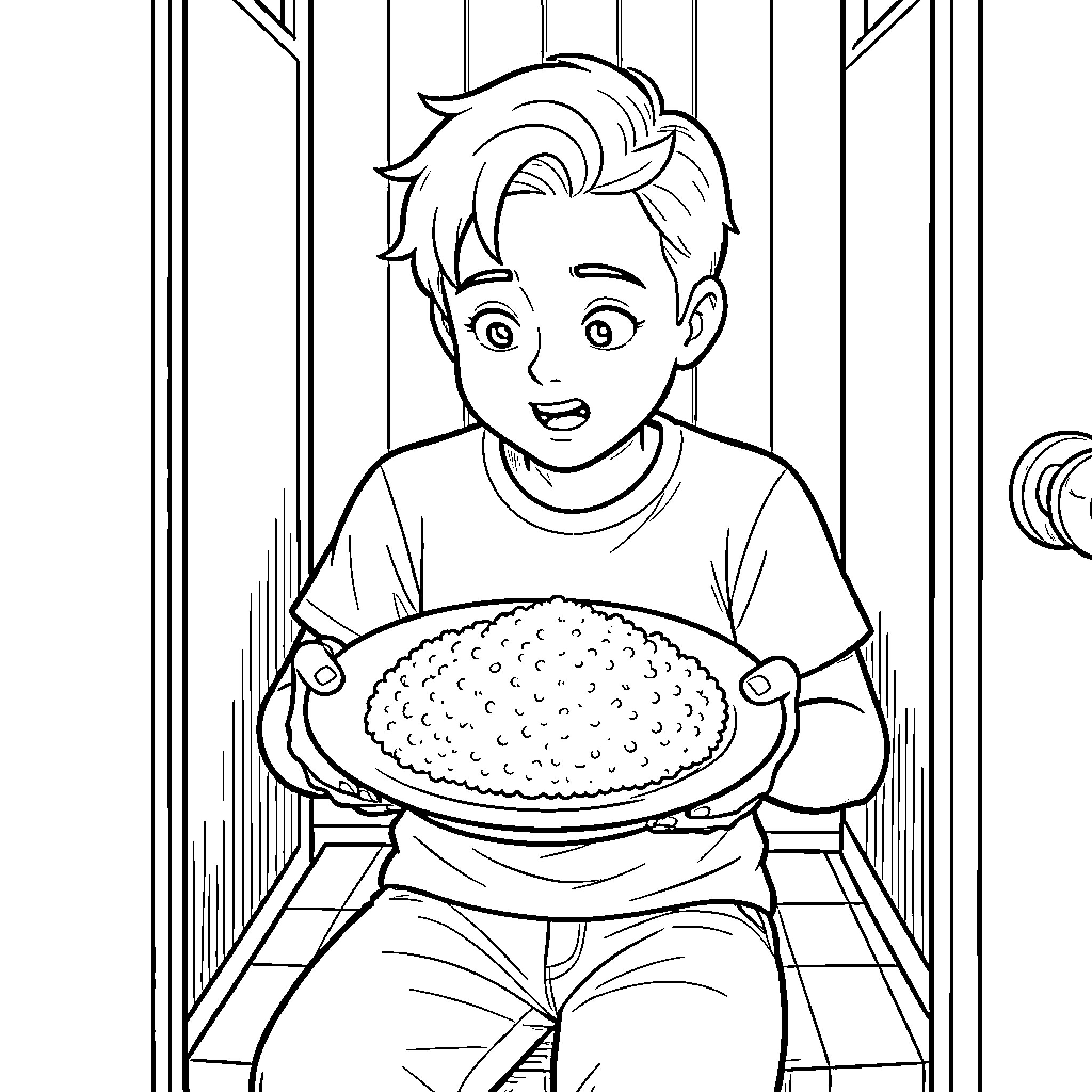 Couscous being served by a happy young boy Coloring Page (free black-and-white line drawing printable PDF for all, from beginners to advanced learners, including children, teens, adults, and seniors)