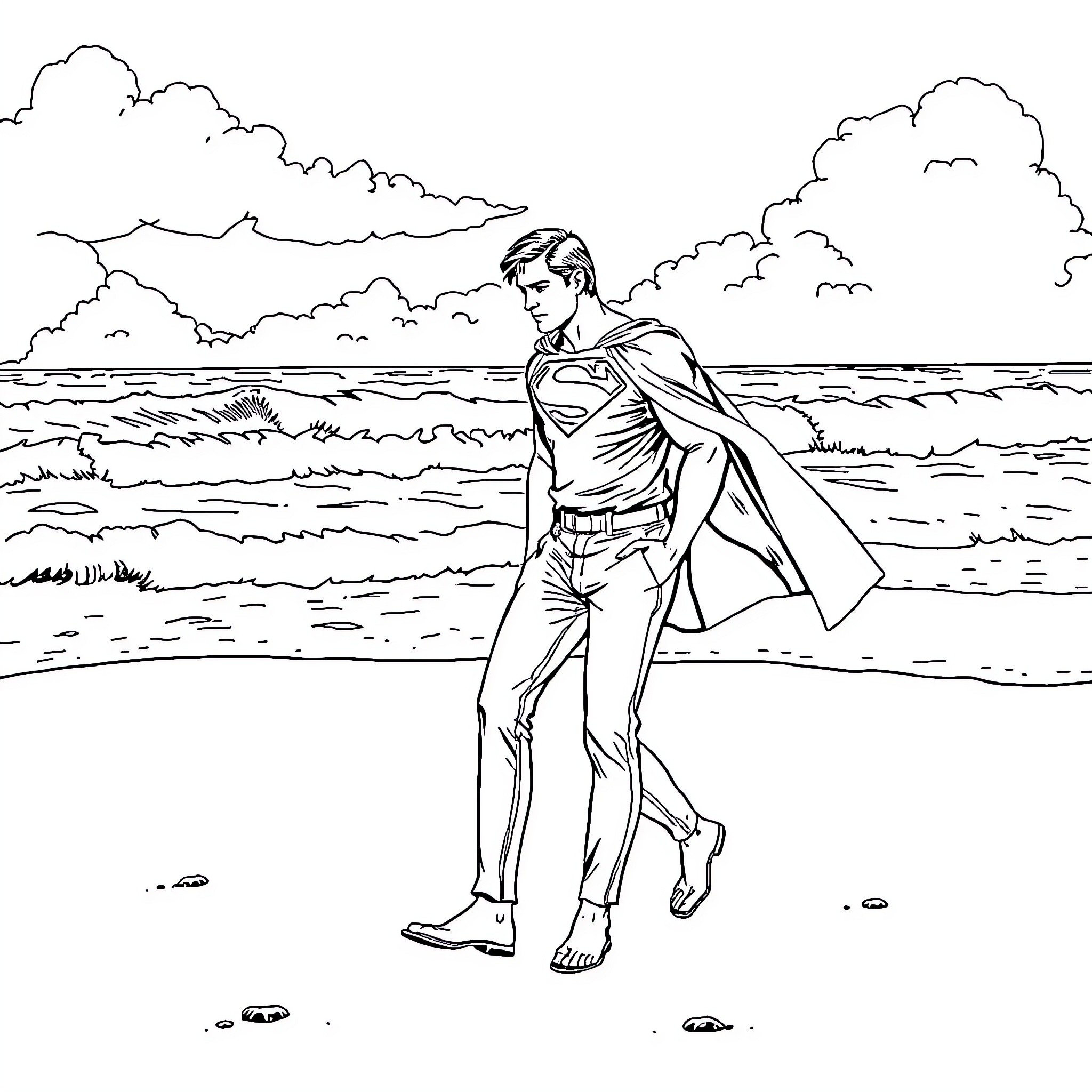 Clark Kent standing on the beach looking pensive Coloring Page (free black-and-white line drawing printable PDF for all, from beginners to advanced learners, including children, teens, adults, and seniors)