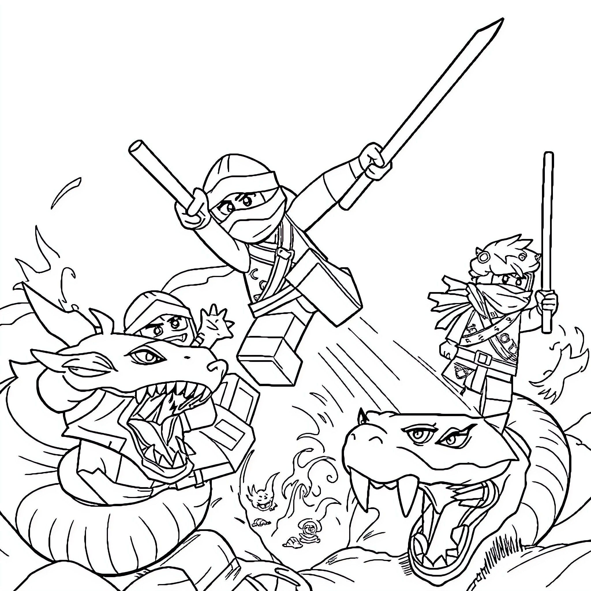Ninja warriors battling fierce dragons Coloring Page (free black-and-white line drawing printable PDF for all, from beginners to advanced learners, including children, teens, adults, and seniors)