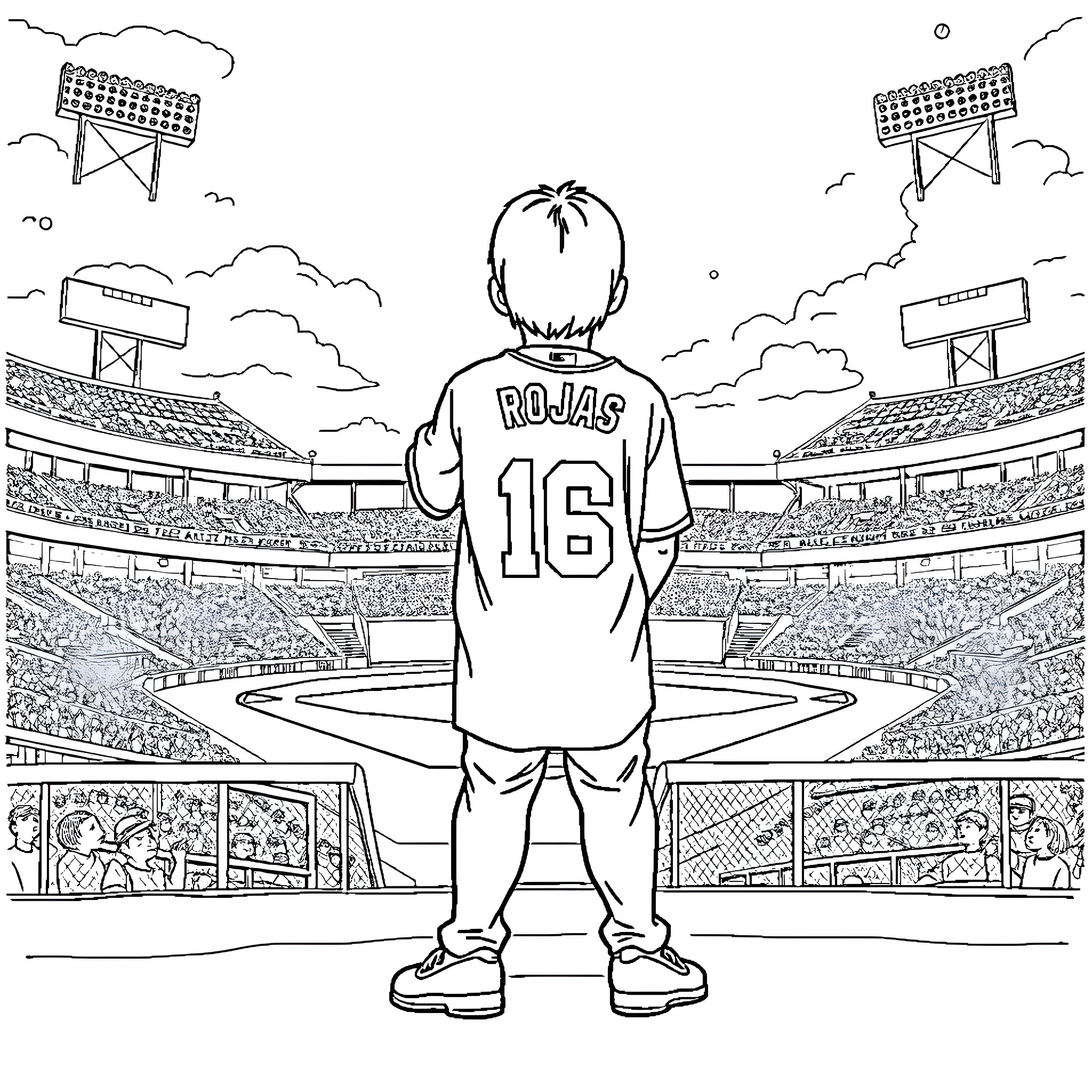 Teen in sports jersey standing on field Coloring Page (free black-and-white line drawing printable PDF for all, from beginners to advanced learners, including children, teens, adults, and seniors)