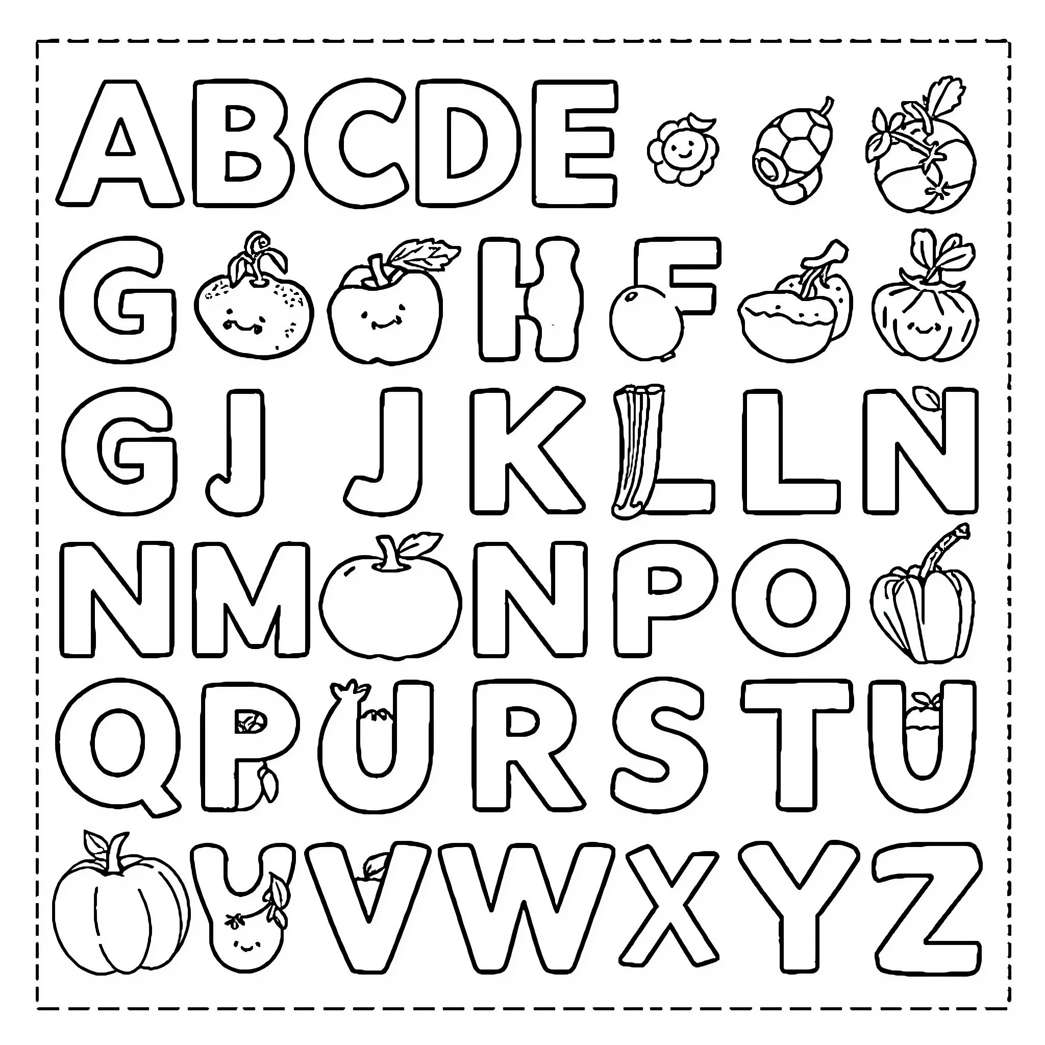 Alphabet of Fruits and Vegetables Coloring Page (free black-and-white line drawing printable PDF for all, from beginners to advanced learners, including children, teens, adults, and seniors)