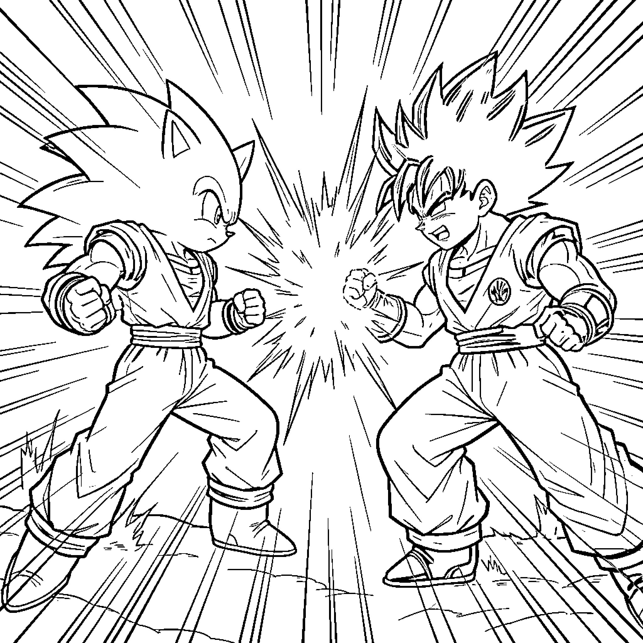 Sonic characters facing off in an intense battle Coloring Page (free black-and-white line drawing printable PDF for all, from beginners to advanced learners, including children, teens, adults, and seniors)
