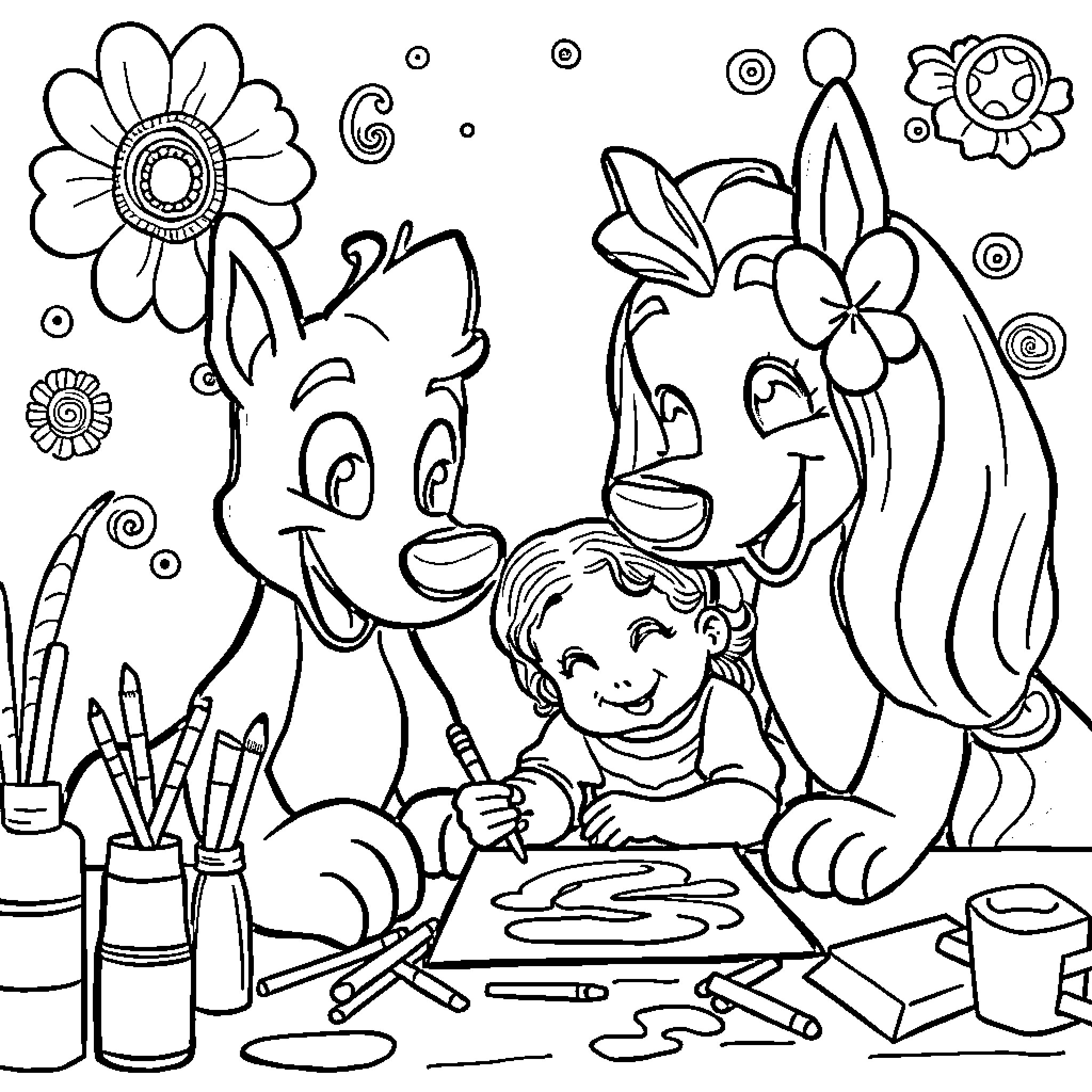 Bluey and friend creating art together Coloring Page (free black-and-white line drawing printable PDF for all, from beginners to advanced learners, including children, teens, adults, and seniors)