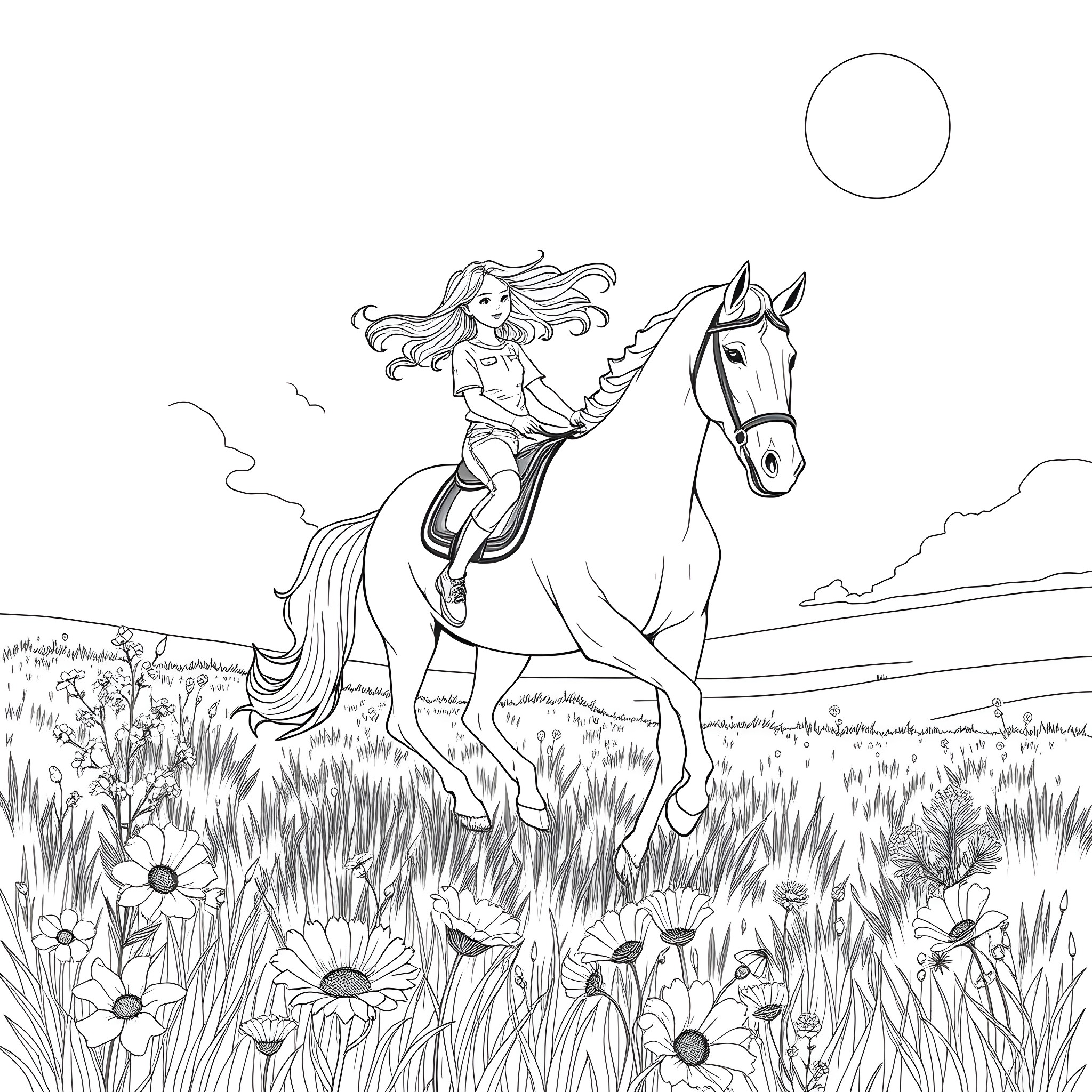 Teen Girl Riding a Horse in a Flowery Field Coloring Page (free black-and-white line drawing printable PDF for all, from beginners to advanced learners, including children, teens, adults, and seniors)