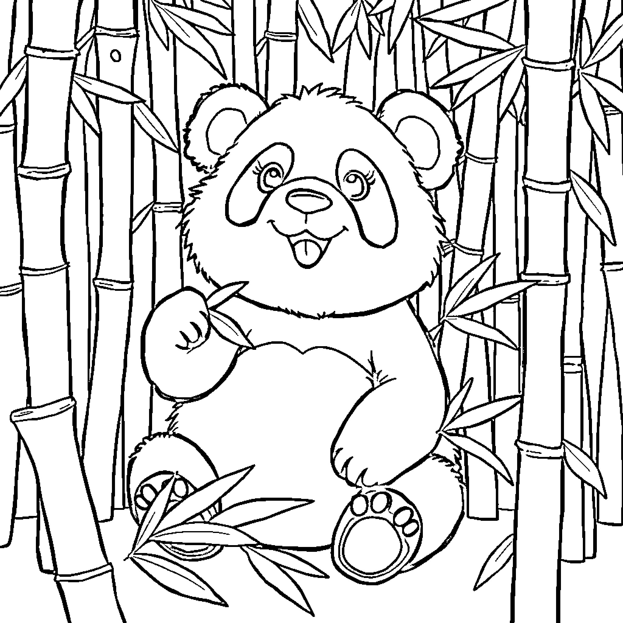 Panda playing happily in bamboo forest Coloring Page (free black-and-white line drawing printable PDF for all, from beginners to advanced learners, including children, teens, adults, and seniors)