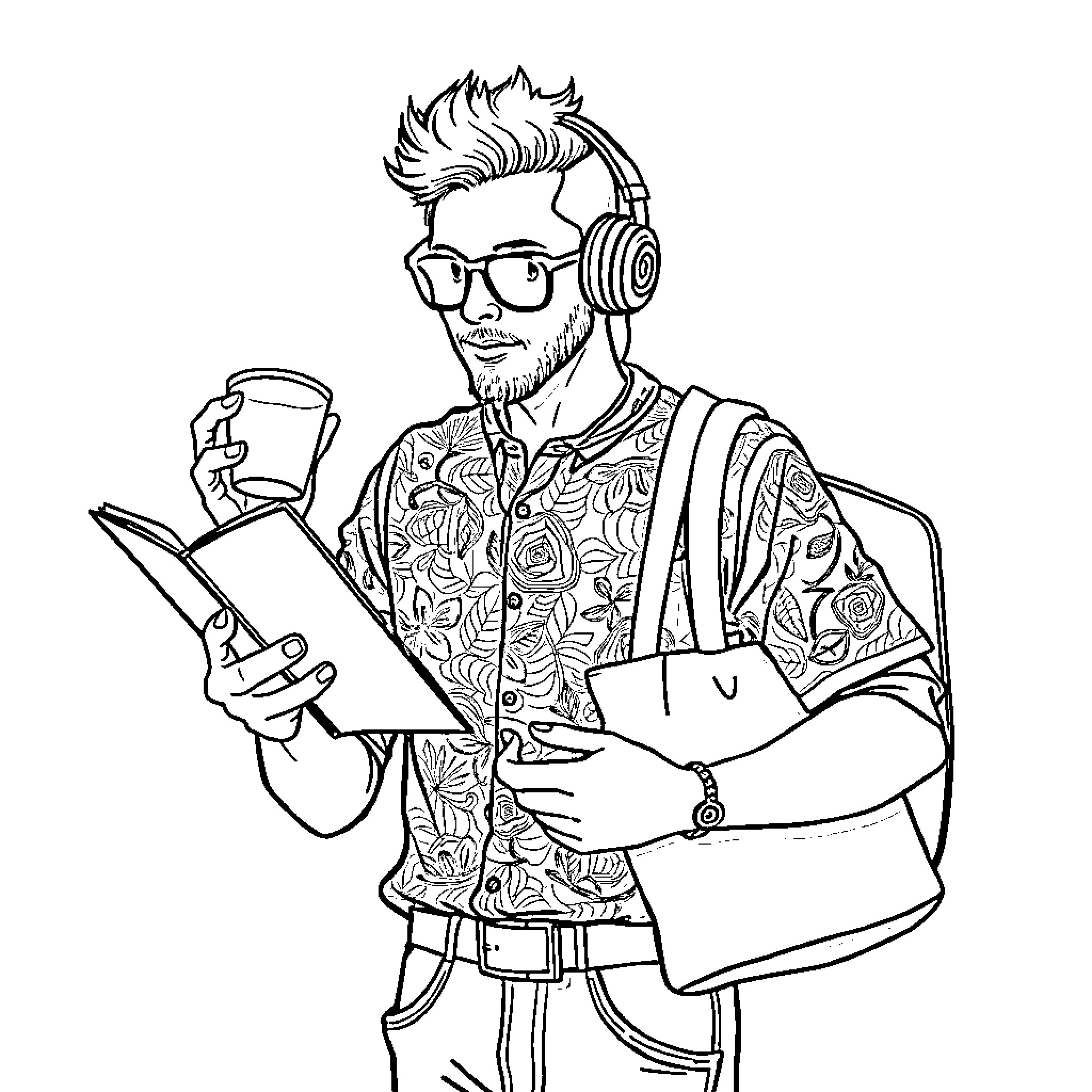 Male with patterned attire and tech accessories Coloring Page (free black-and-white line drawing printable PDF for all, from beginners to advanced learners, including children, teens, adults, and seniors)