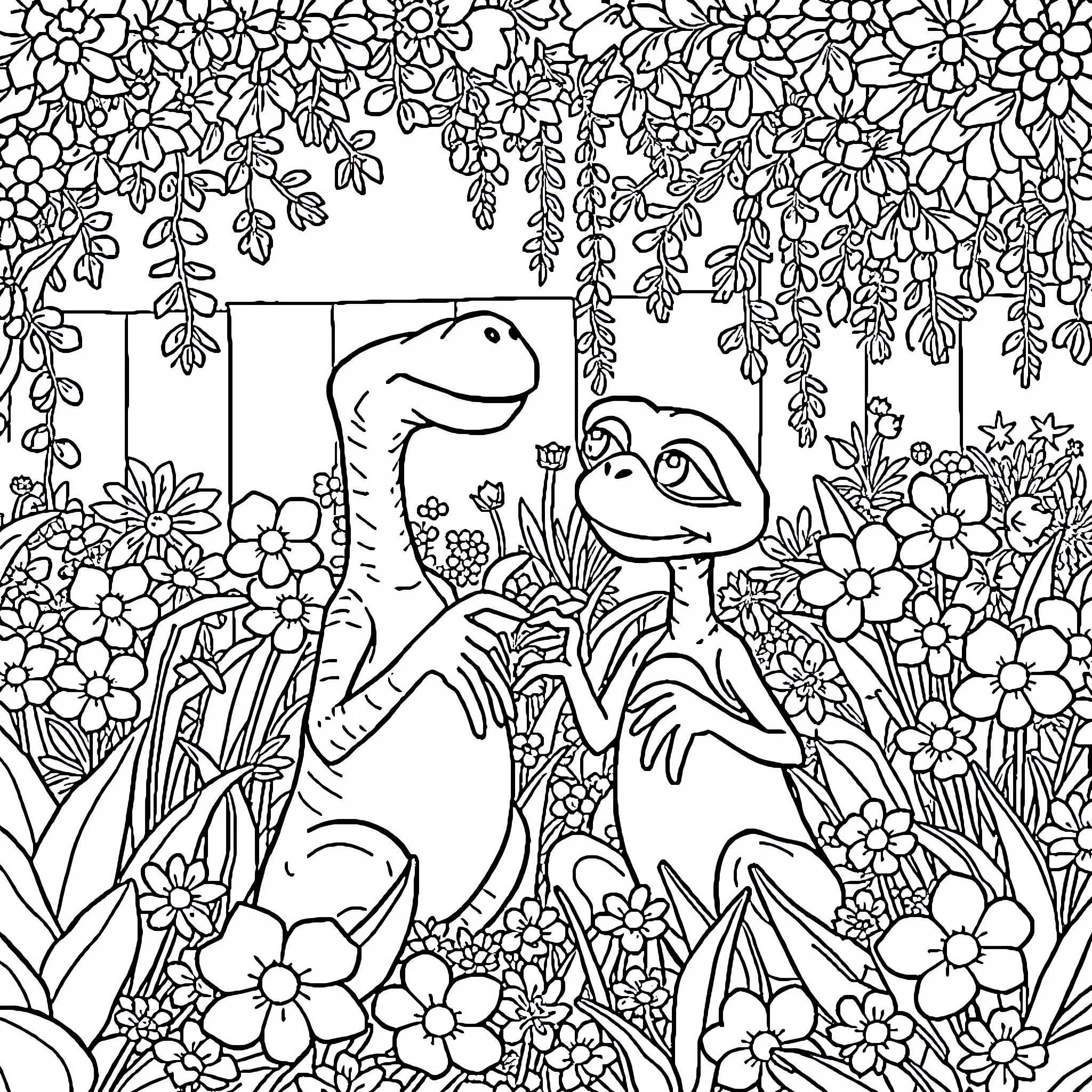 E.T. Dinosaurs in a Whimsical Floral Garden Coloring Page (free black-and-white line drawing printable PDF for all, from beginners to advanced learners, including children, teens, adults, and seniors)