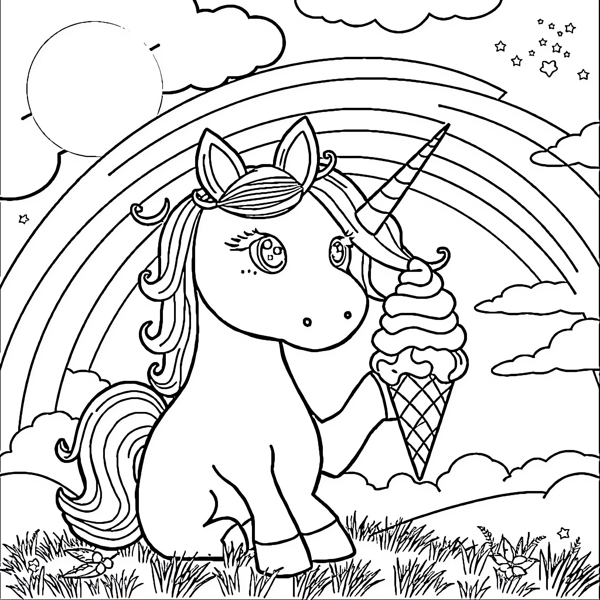 Unicorn Enjoying a Magical Sunset with Ice Cream Coloring Page (free black-and-white line drawing printable PDF for all, from beginners to advanced learners, including children, teens, adults, and seniors)
