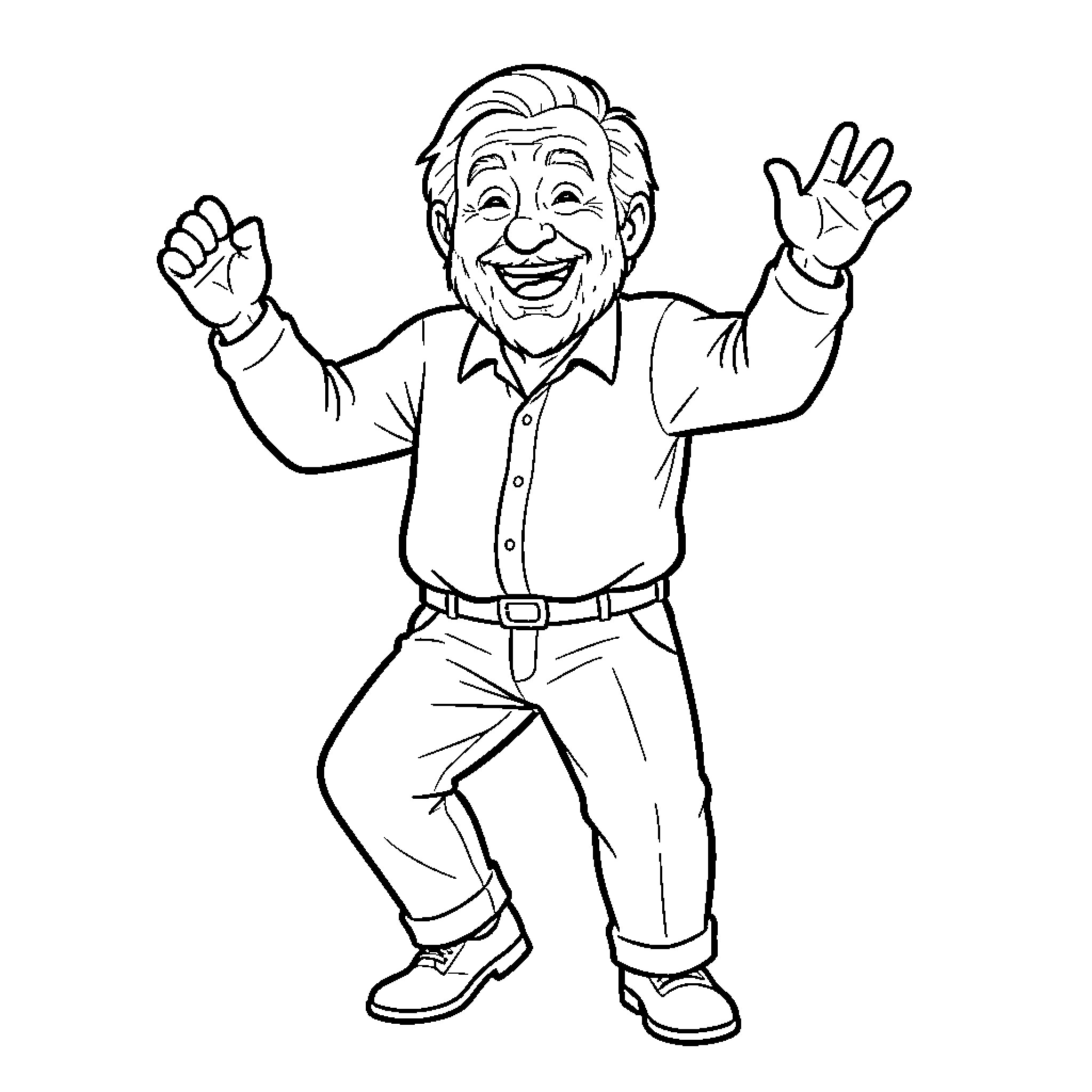Old Man Happily Waving and Smiling Coloring Page (free black-and-white line drawing printable PDF for all, from beginners to advanced learners, including children, teens, adults, and seniors)