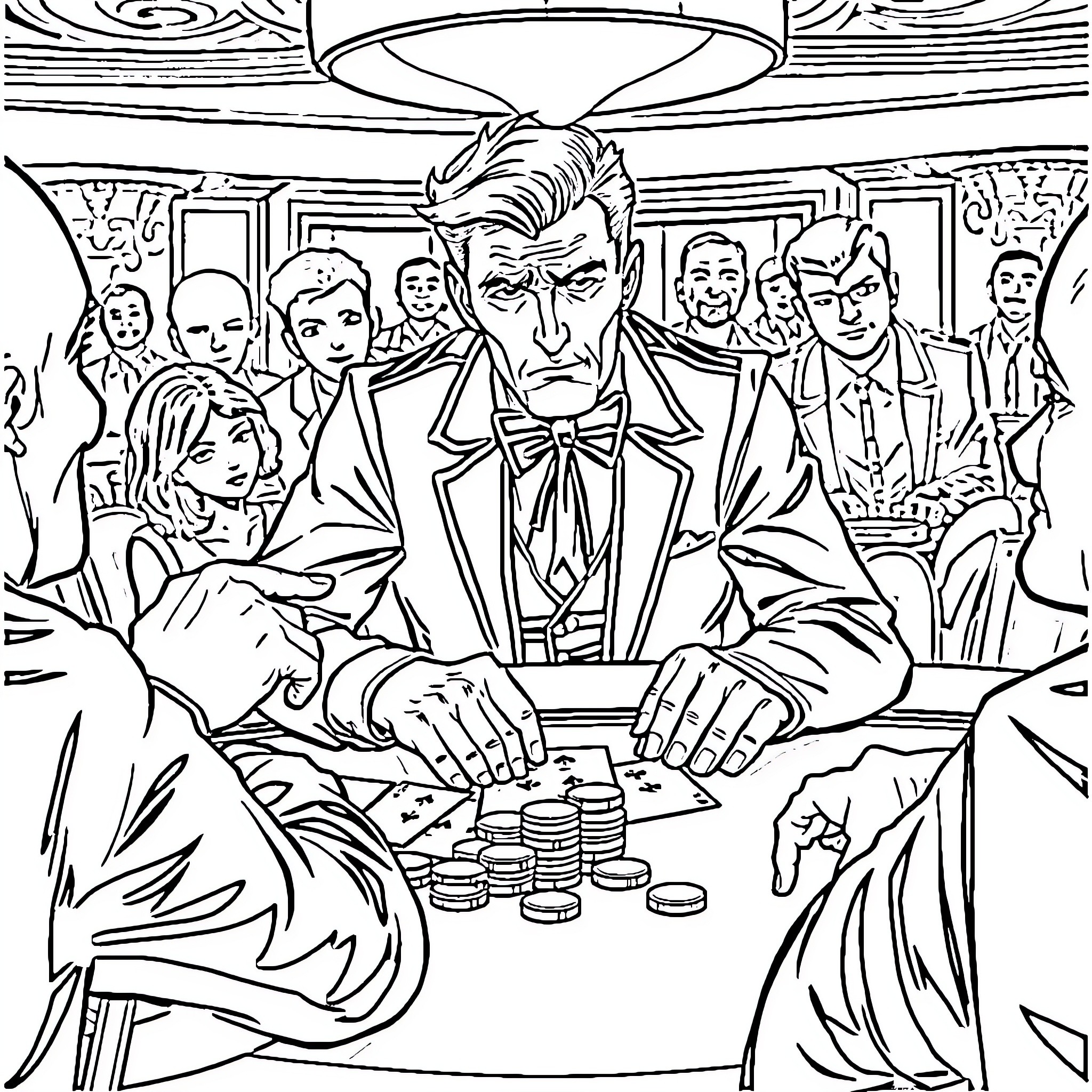 Gambit: High-stakes Gamble at the Glamorous Casino Coloring Page (free black-and-white line drawing printable PDF for all, from beginners to advanced learners, including children, teens, adults, and seniors)